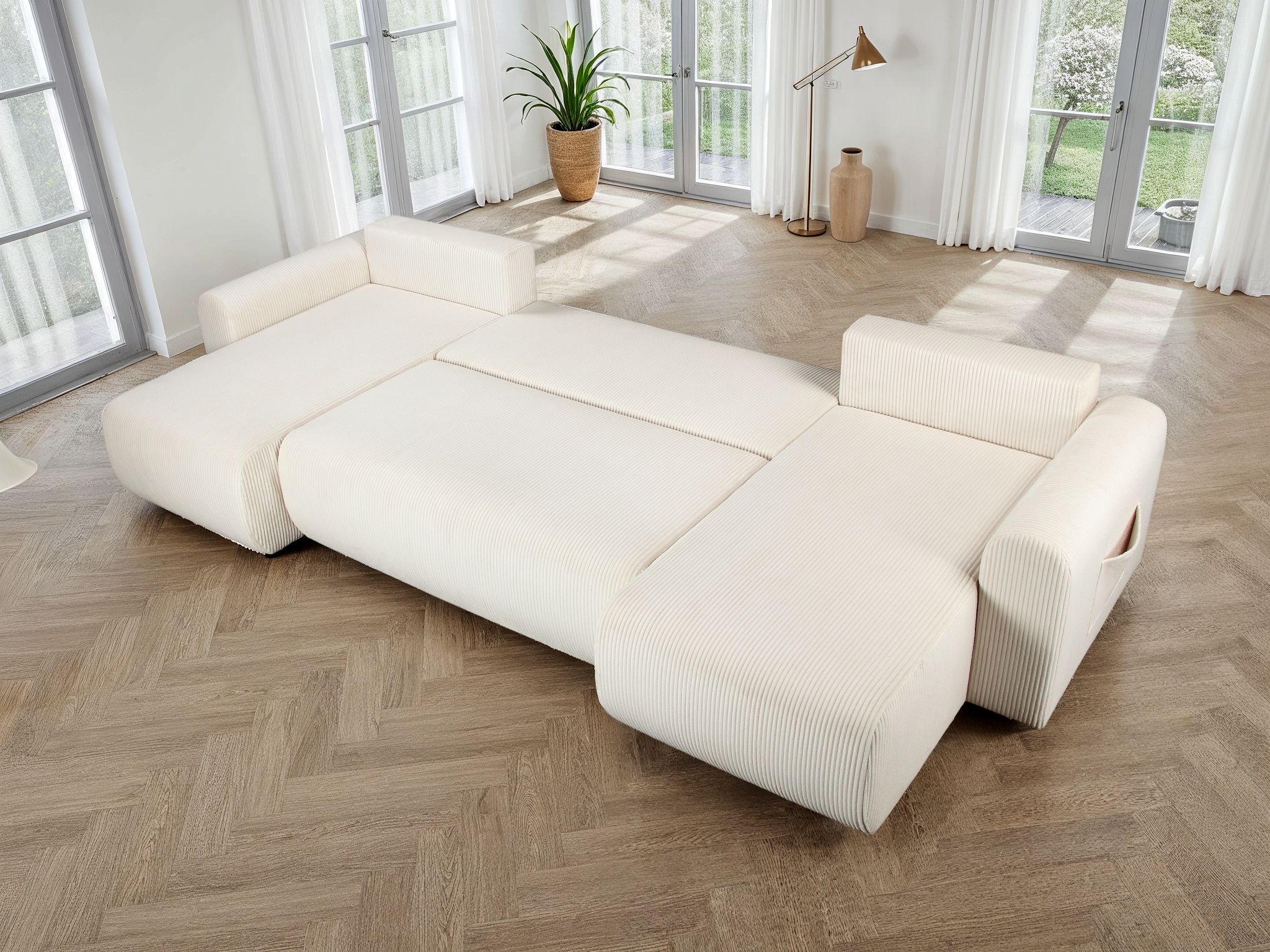 GOODproduct Wohnlandschaft »JONAA, 311 cm, U-Form, Schlafsofa, Boxspringfederung, Cord u. Struktur« 133/270cm, Bettkasten, Seitentaschen, Cord und Struktur