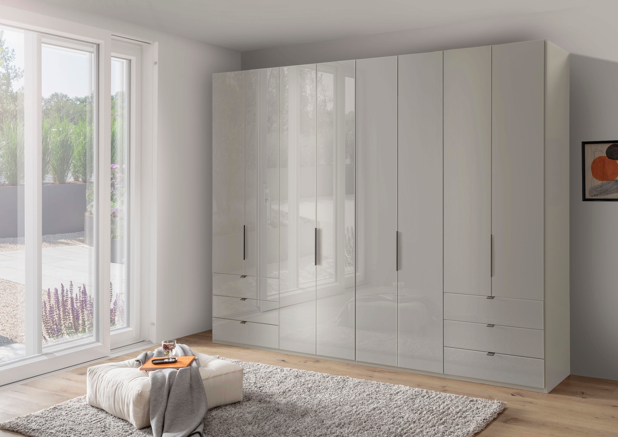 WIEMANN Armoire à portes pliantes »Ohio, Kleiderschrank, Schrank, Garderobe, mit Schubladen, 300 cm« inklusive Einlegeböden & Kleiderstangen, 2 Höhen, MADE IN GERMANY,  inklusive Tür und Schubkastendämpfung, hochwertige Glasfront