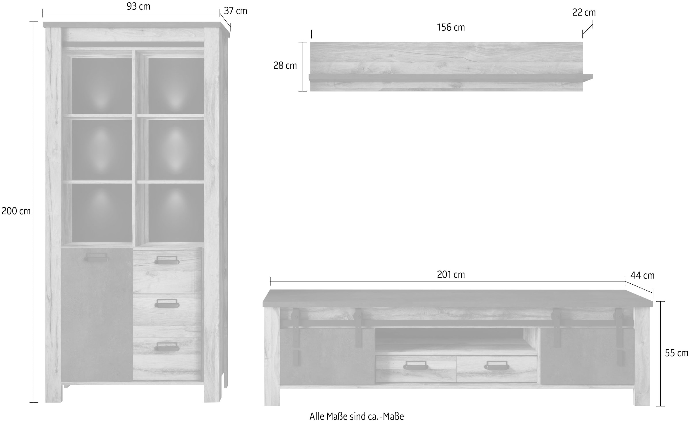 Home affaire Meuble mural »York, moderne Anbauwand, Wohnzimmer-Set in Hunton Oak, 201 cm breit« Komplett-Set, 3 cuis tlg.