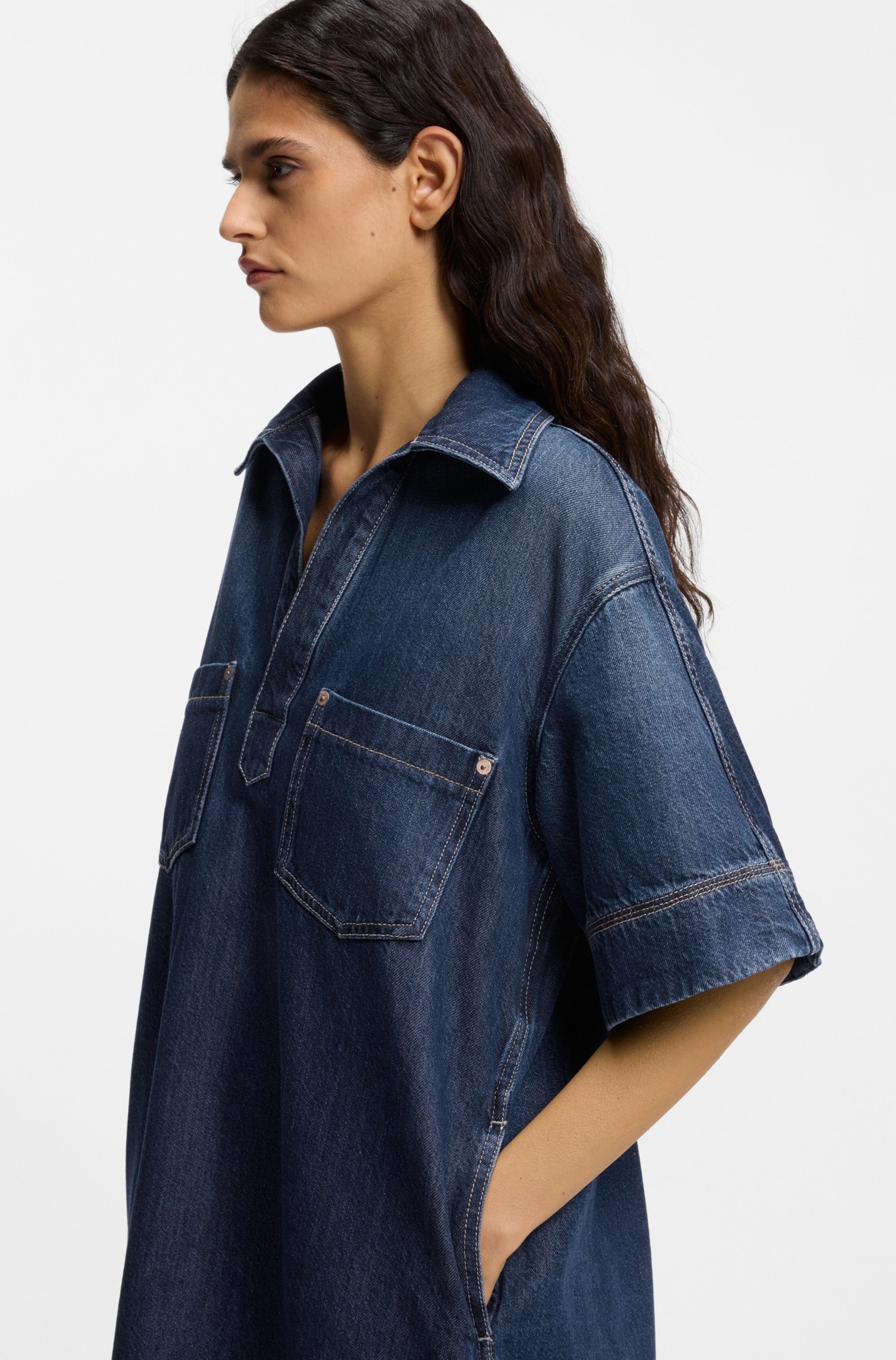 BOSS ORANGE Robe polo »POLO DRESS Premium Damenmode« Poches poitrine | Poches pour les mains im Denim-Look, weite Ärmel