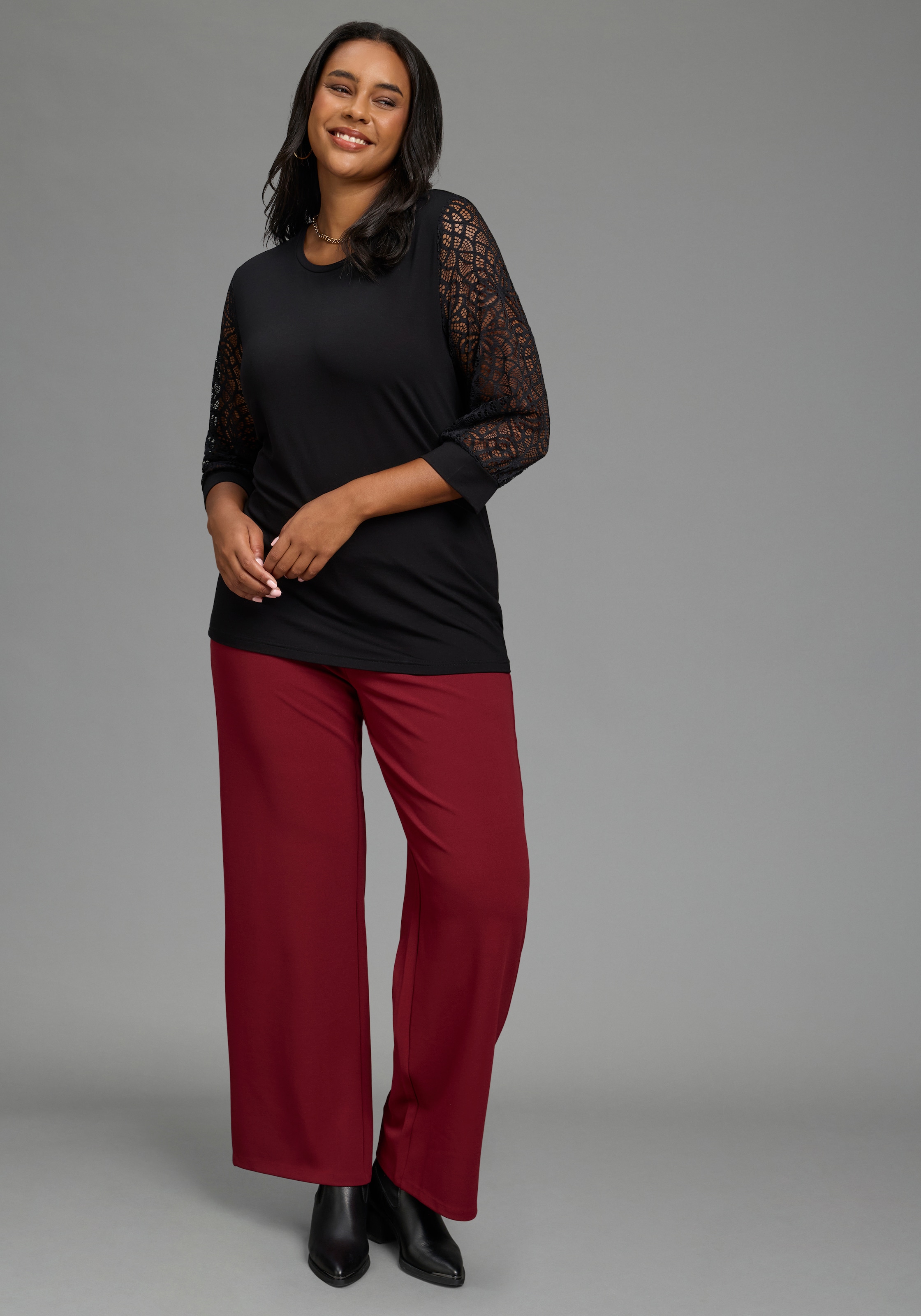 Laura Scott CURVE Spitzenshirt »Grosse Grössen« figurbetonte Passform, mit Puffärmeln, 3/4-Ärmel, Rundhalsausschnitt
