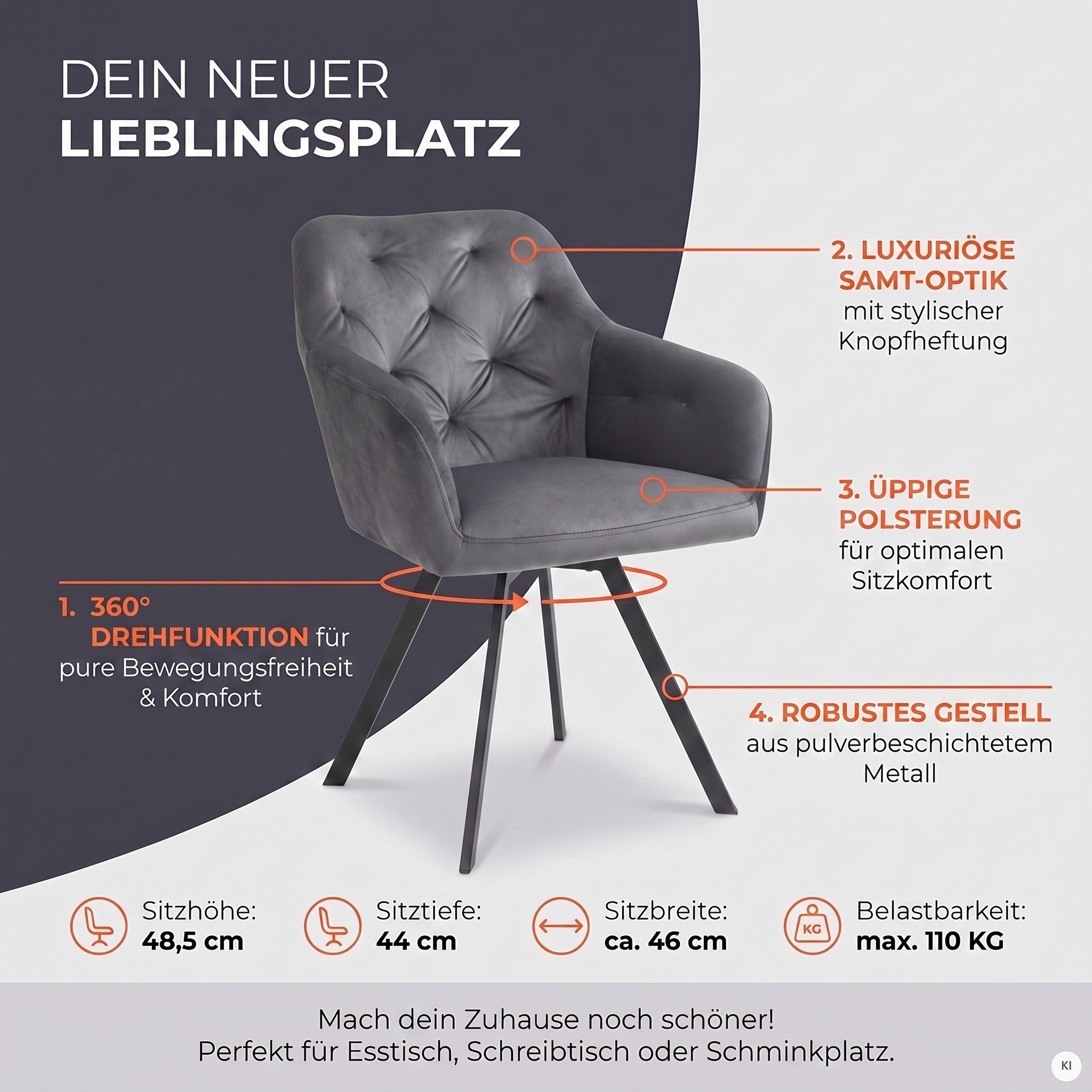 SalesFever Esszimmerstuhl »Toronto Stuhl - Stilvoller Armlehnstuhl mit Steppungen« () 1 Stk.Esszimmersessel, 360° Drehplatte unter der Sitzfläche
