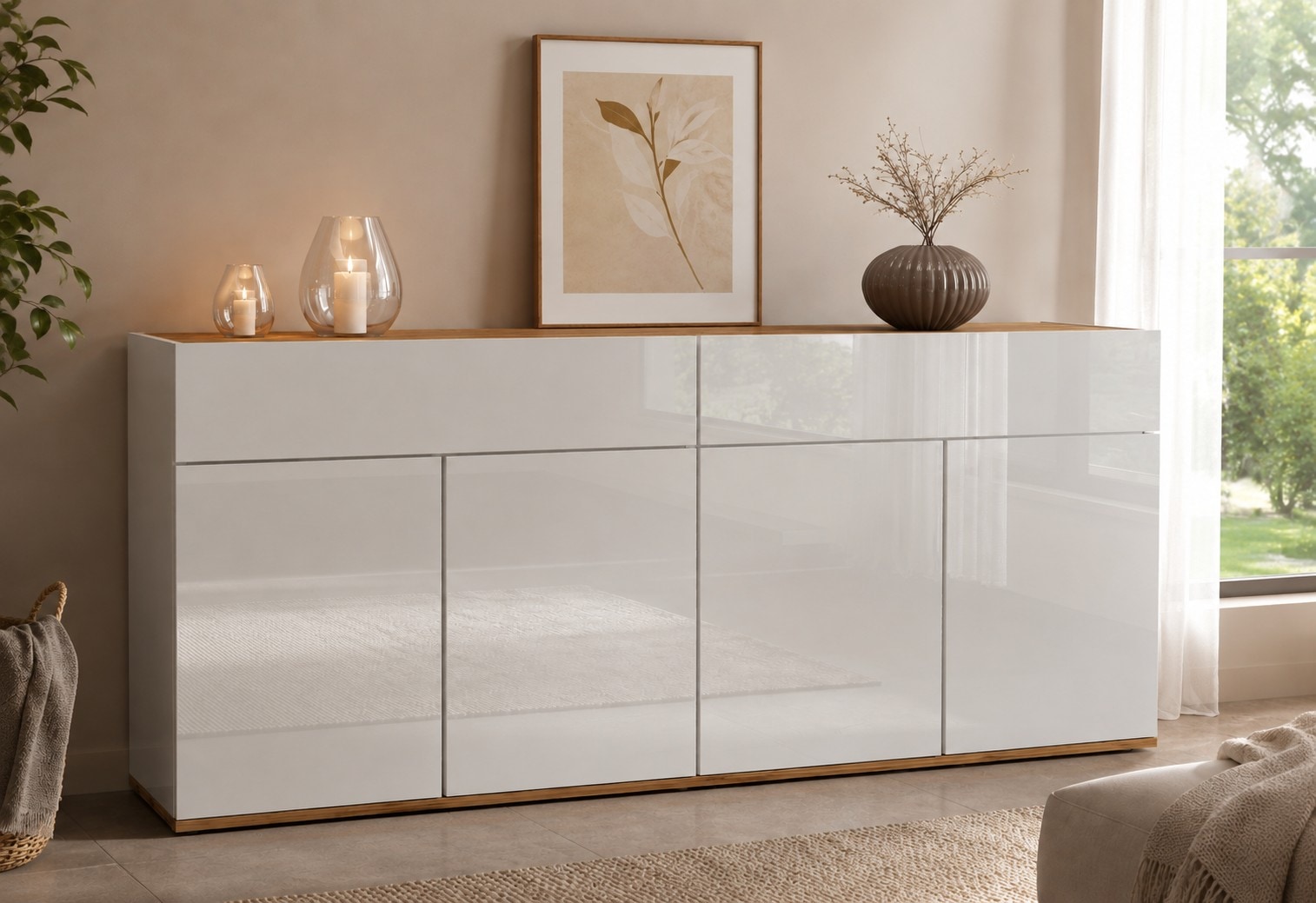 GOODproduct Sideboard »Garda Kommode, Schrank, 4 Türen mit Push-to-Open, Made in Italy« Hochglanzlackierte Fronten,2 Schubladen, grifflos Breite 160,1 cm