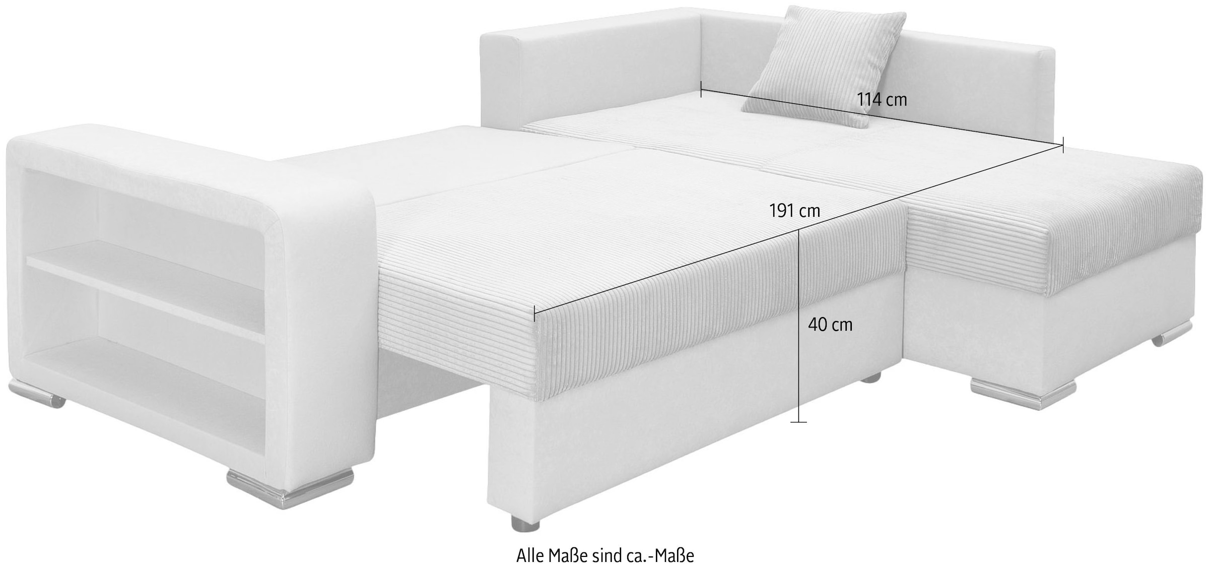 COLLECTION AB Canapé d'angle »John L-Form, B: 226 cm, Schlaffunktion & Bettkasten« élément d’étagère avec lumière, canapé avec ressorts, 2 coussins décoratifs