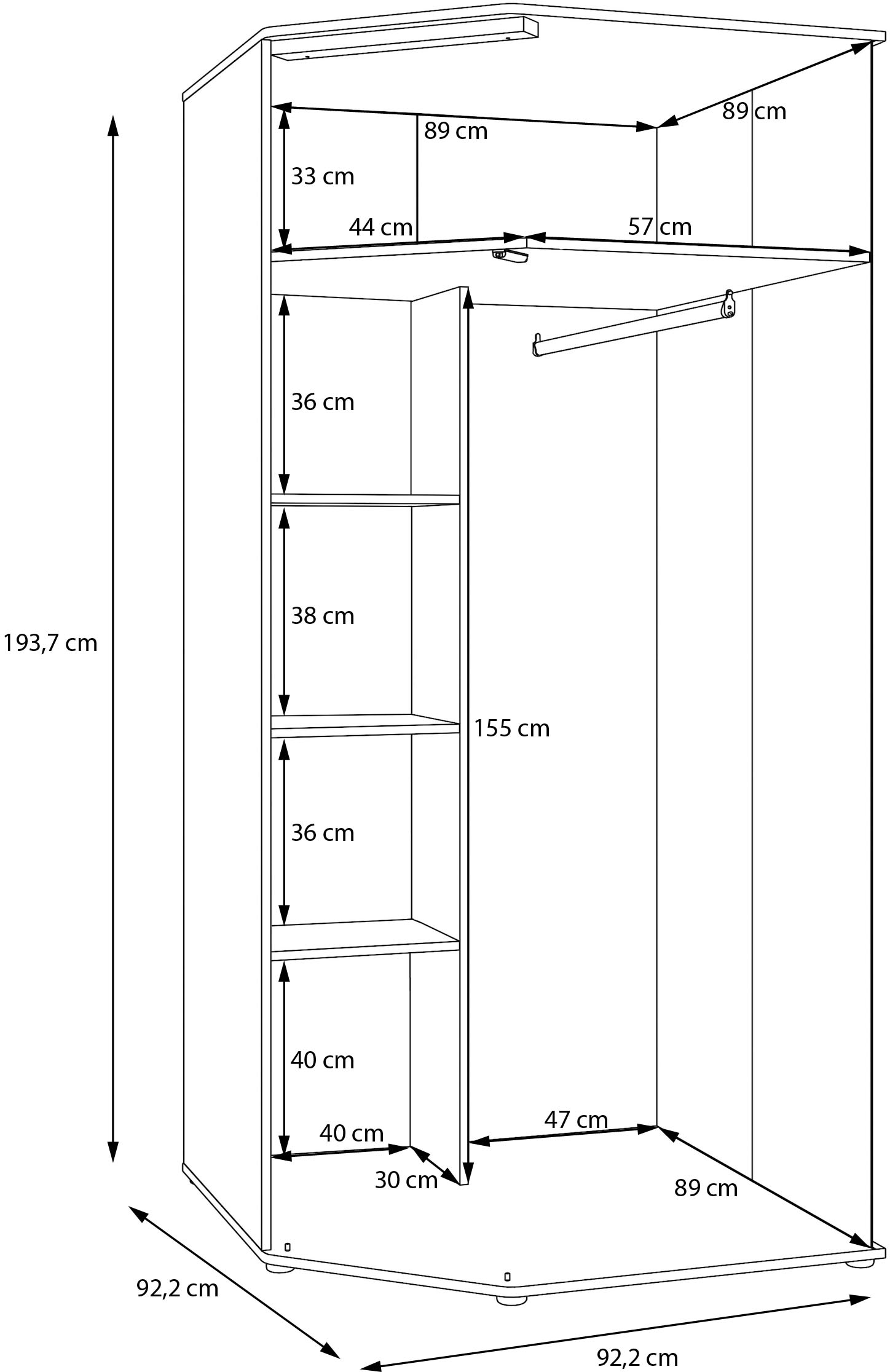 FORTE Eckkleiderschrank B/H/T 92,2/193,7/92,2 cm