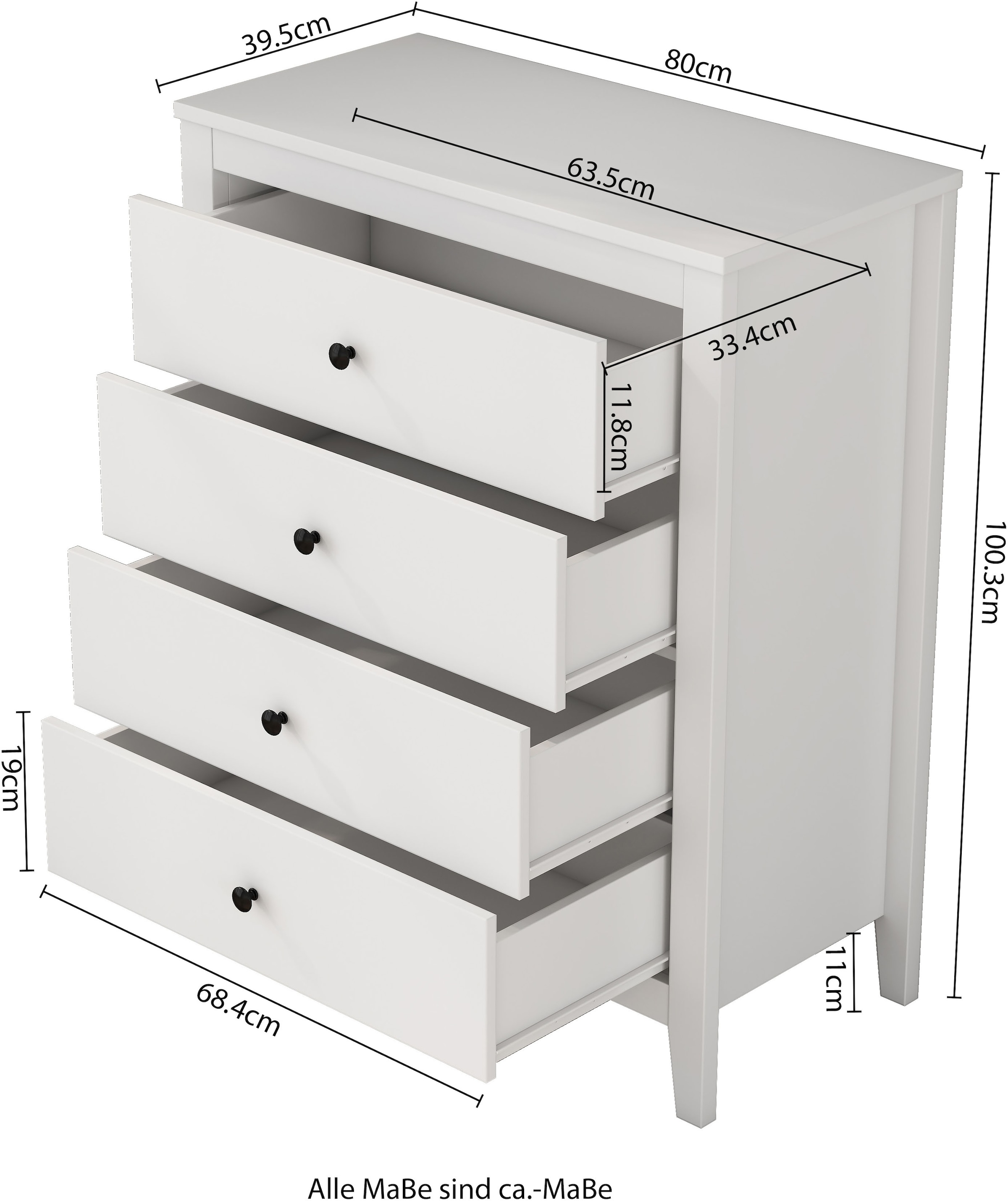 GOODproduct Schubkastenkommode »Borkum Sideboard mit 4 Schubladen Bestseller Landhaus weiss« hochwertige schwarze Griffe aus Metall, 