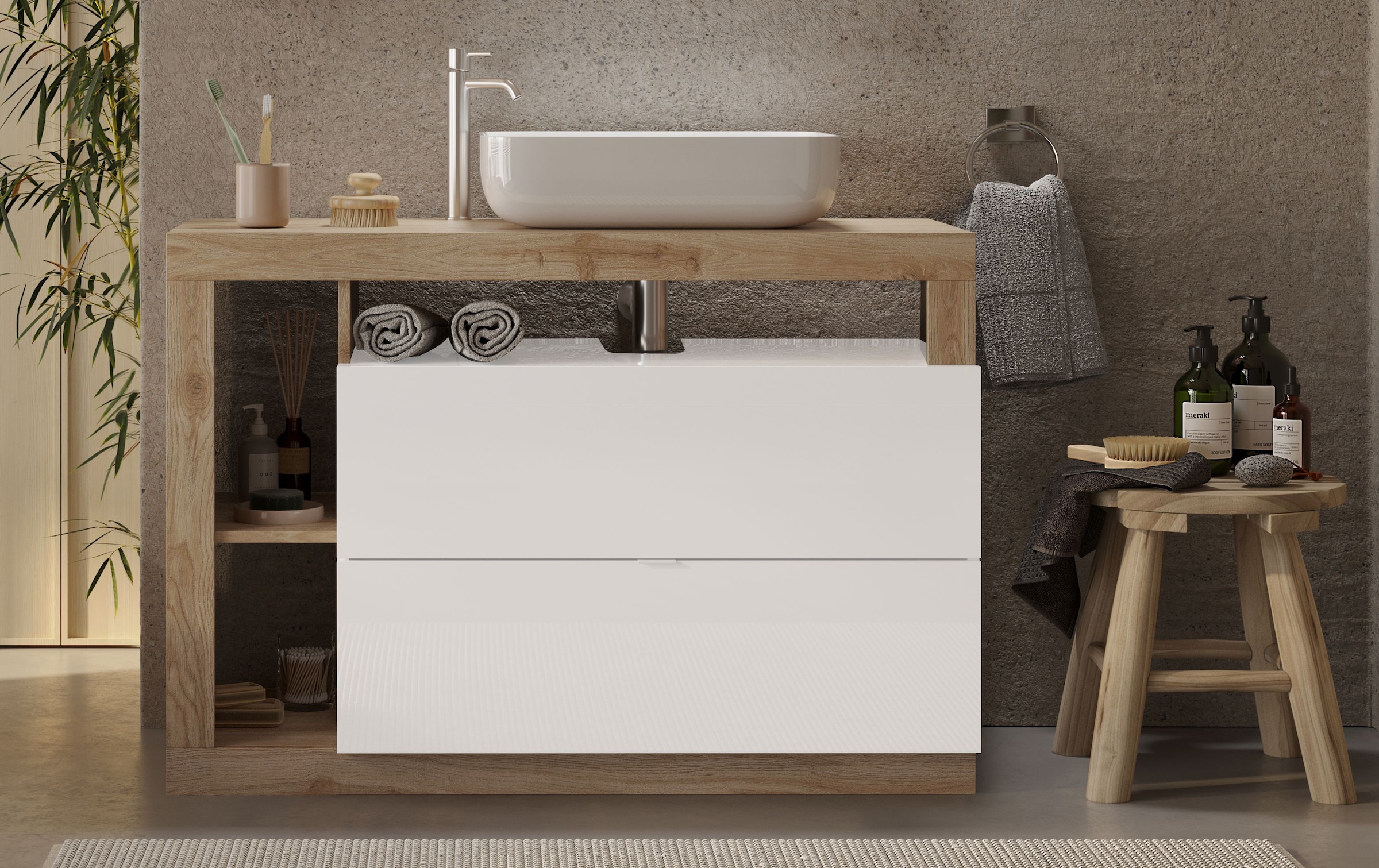 welltime Waschtisch »Hamburg« 2 Schubkästen, Breite 110 cm, Soft-Close, inkl. Keramik-Aufsatzbecken