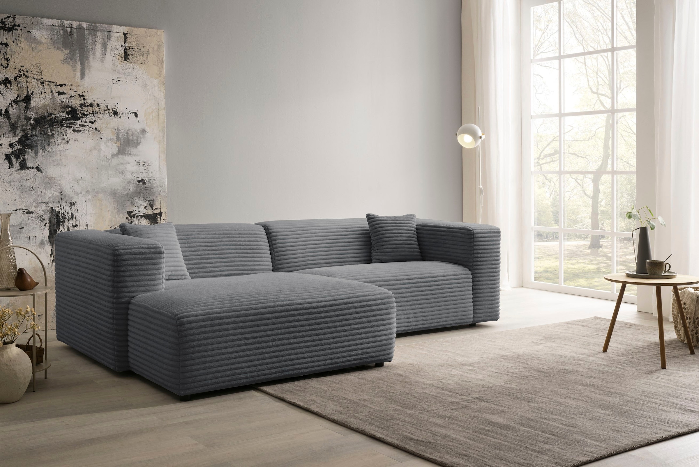 andas Canapé d'angle »BAKELS, L-Form in Cord oder Boucle-Stoff, moderne Couch« wahlweise Recamiere rechts/links, bequemer Sitzkomfort