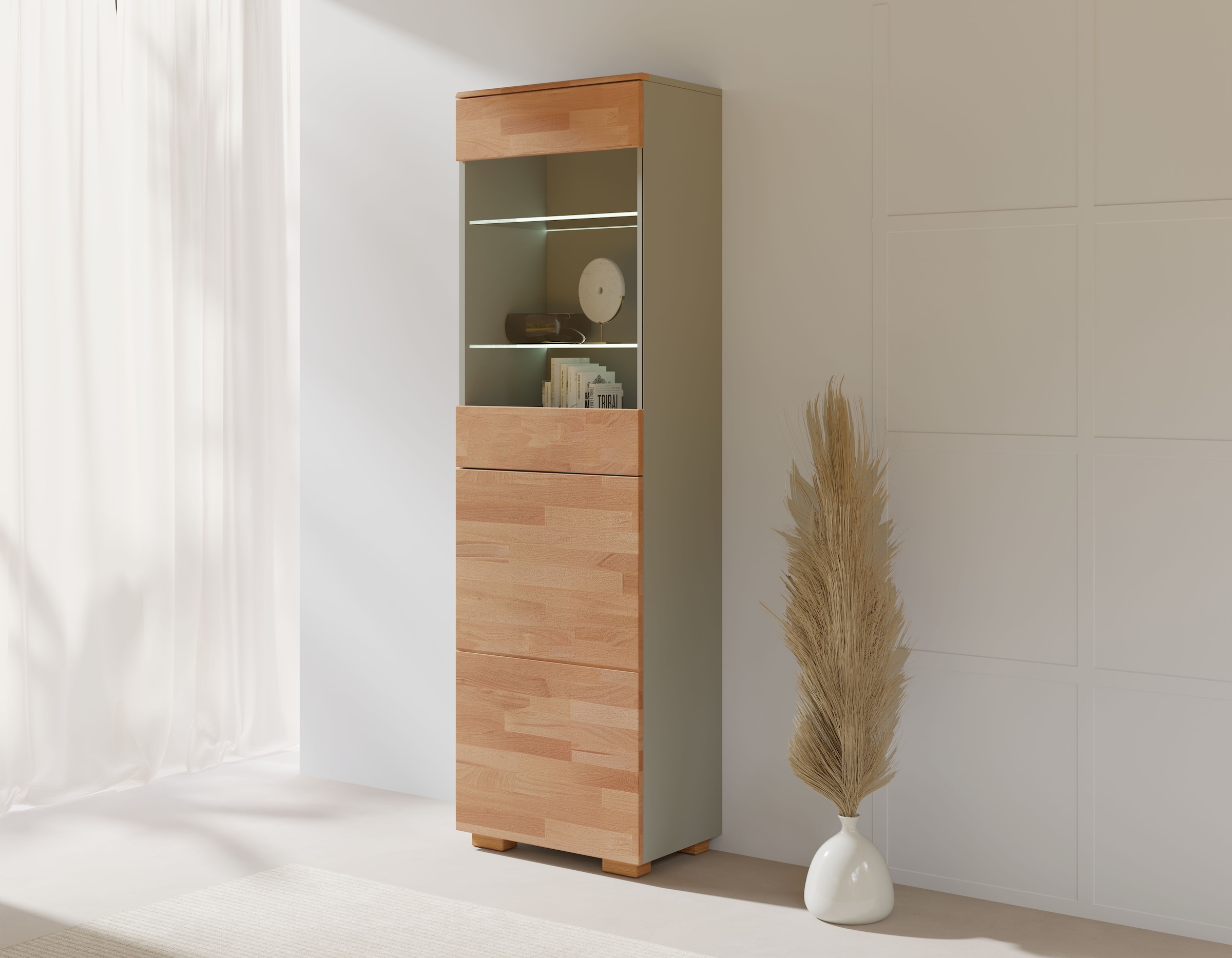GOODproduct Vitrine »CITRA75,5 Fächer,3 verstallbare Einlegeboden, viel Stauraum, Grifflos« B/T/H:55/35/185cm, teilmassiv Kernbuche/grau, Tür R/L, pust to open