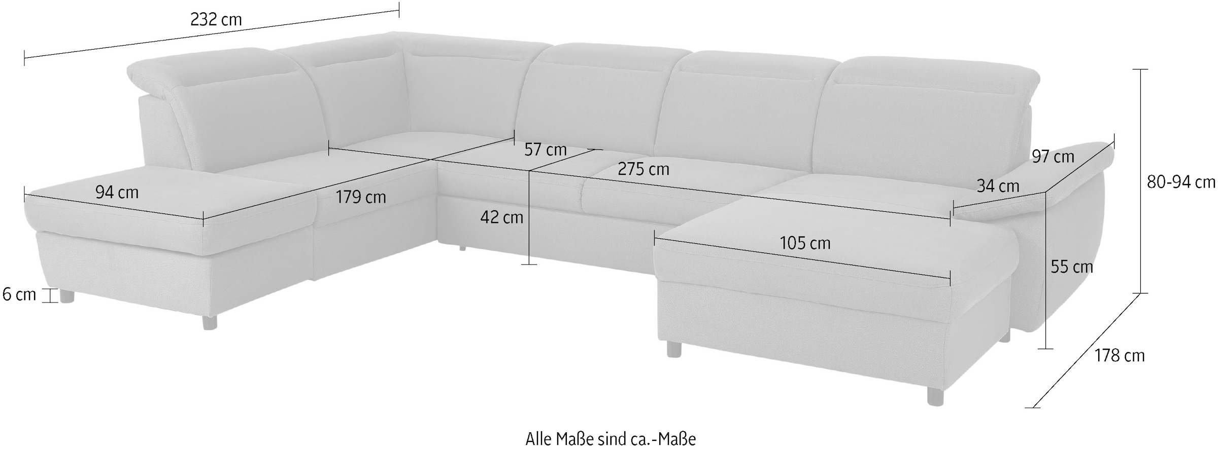 Home affaire Wohnlandschaft »Mauritius U-Form« mit Kopfteil- und Armlehnverstellung, wahlweise mit Bettfunktion