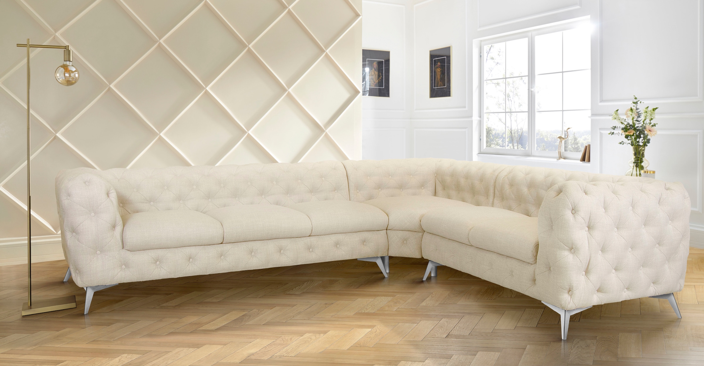 Home affaire Chesterfield-Sofa »Ecksofa GLYNIS L-Form mit Wellenunterfederung, Masse B/T/H 323/264/75cm« aufwändige Knopfheftung, moderne Chesterfield Optik, Fussfarbe wählbar