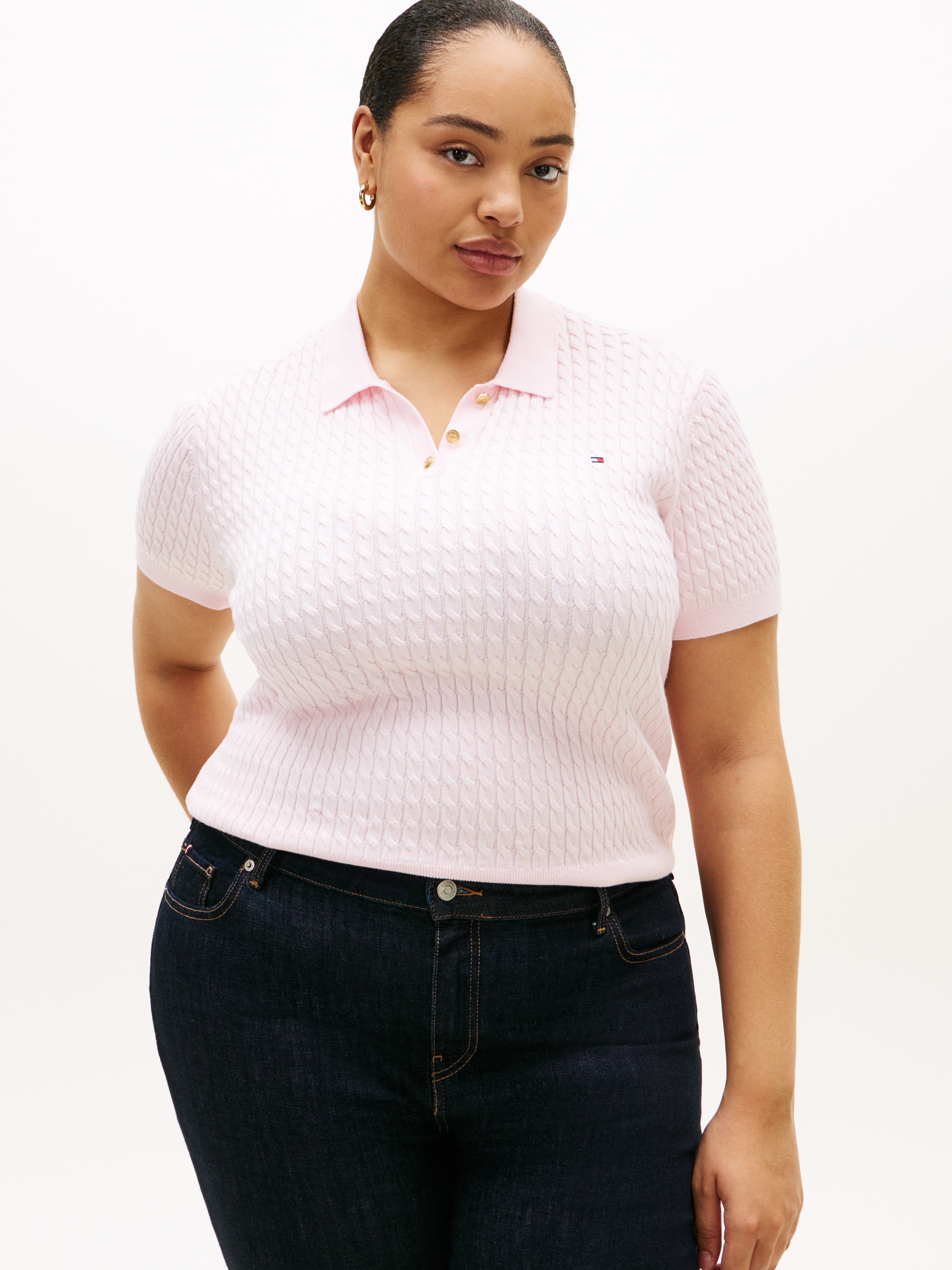 Tommy Hilfiger Curve Polokragenpullover »CRV CO CABLE FINE GG POLO S/S« in grossen Grössen, mit Zopfmuster