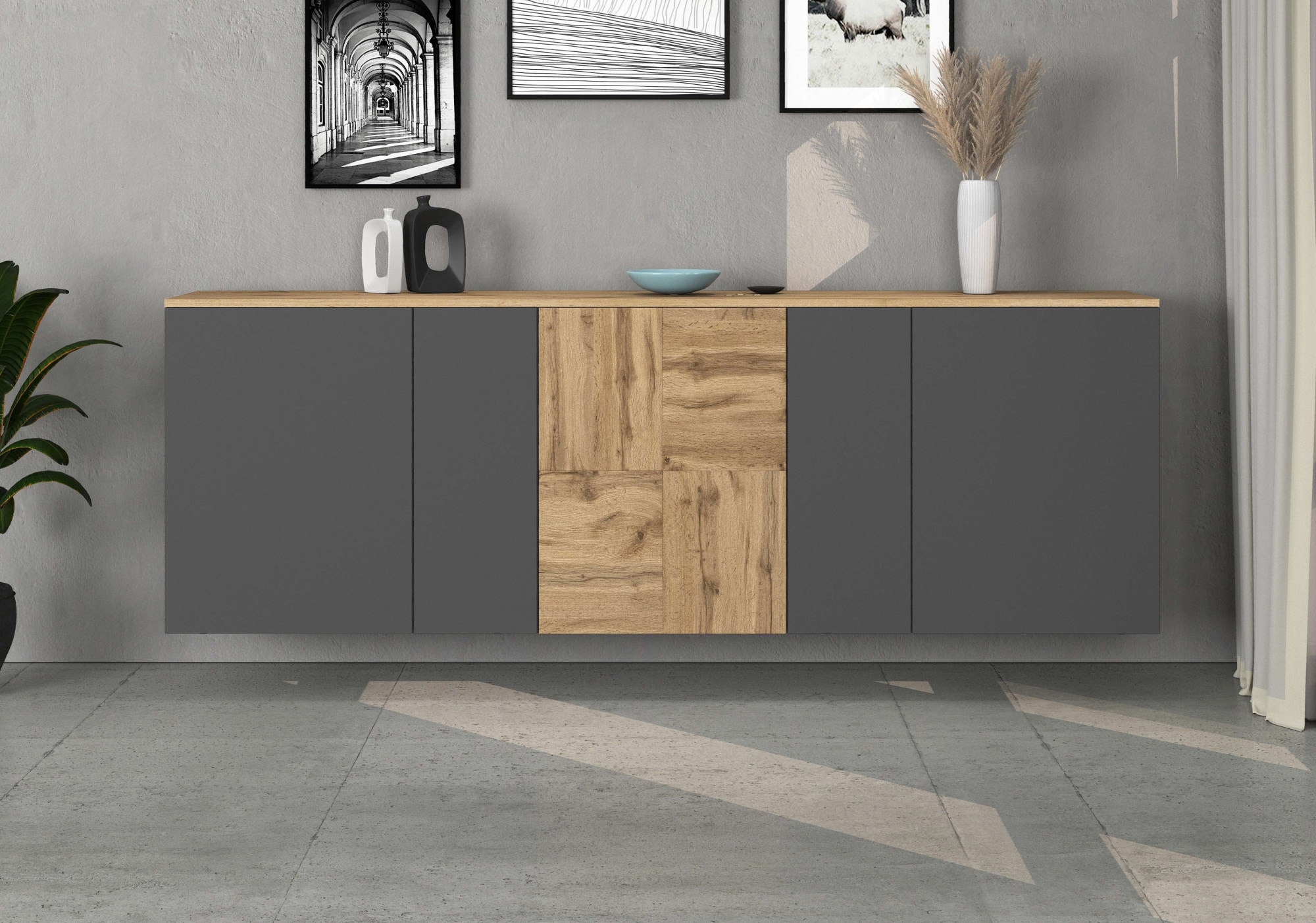 GOODproduct Sideboard »ISEO, Kommode, Schrank, Sideboard, Lowboard, 6 Fächer, Breite 200 cm« 1 cuis tlg. stehend/hängend, 5 Türen, 6 Fächer, Breite 200 cm