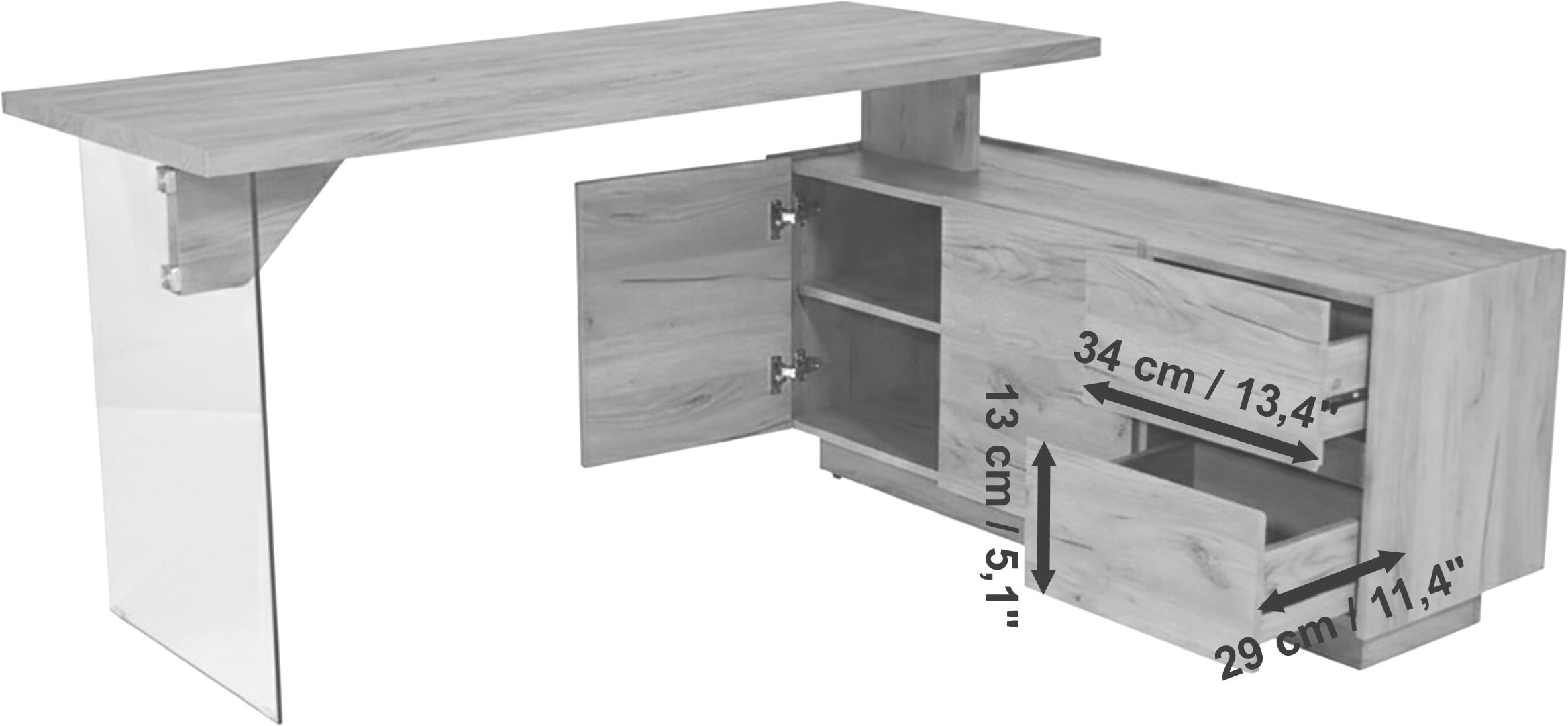 Jahnke Bureau d'angle »LUX C 160 E« bureau d'angle, montable des deux côtés, verre, 2 compartiments + 2 tiroirs