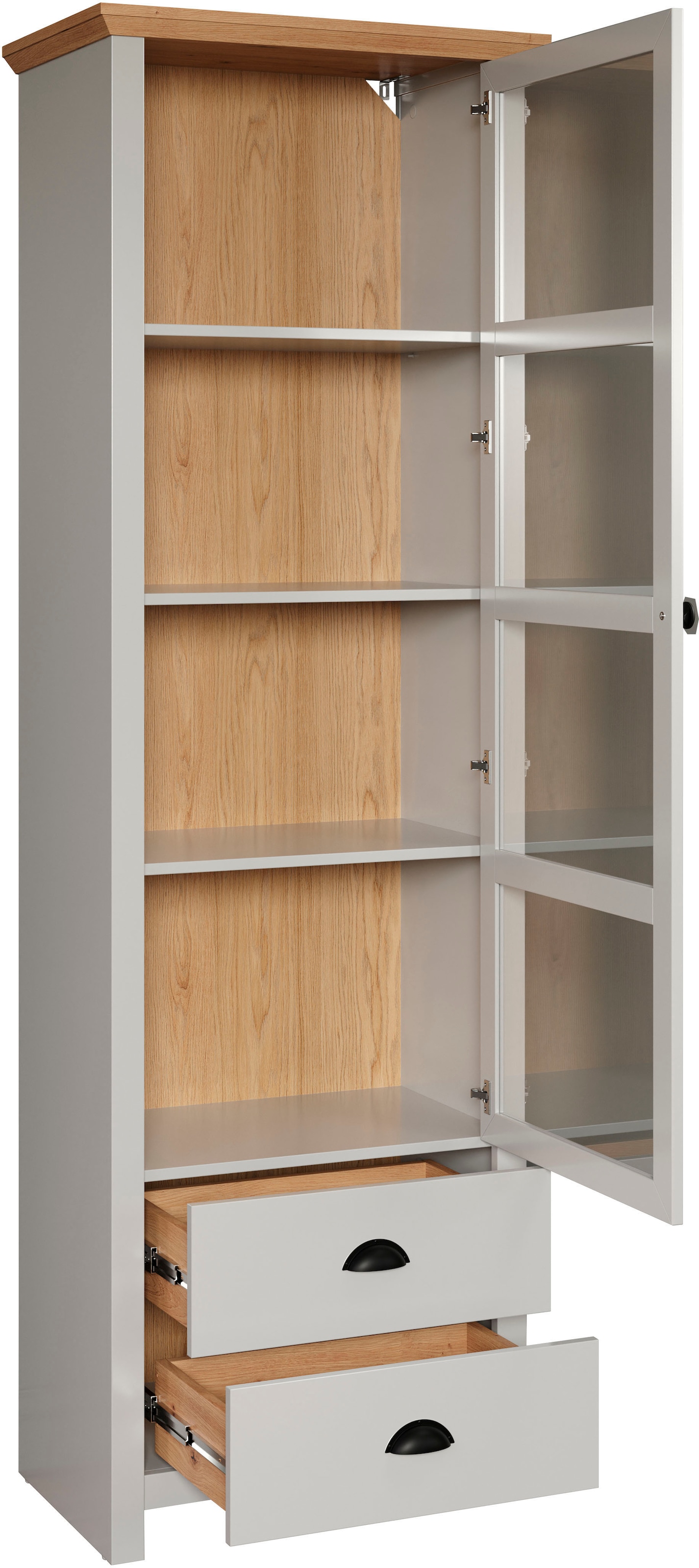 Home affaire Vitrine »Herzwill« hellgrau / Artisan Eiche, matt, 65 x 201 cm, mit Glastür