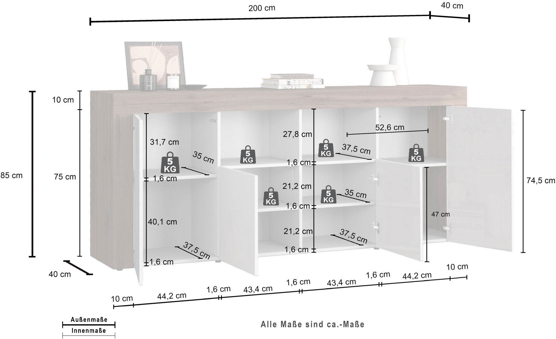GOODproduct Sideboard »CHRONOS Breite 200 cm  mit 4 Türen, 2 offene und 8 geschlossene Fächer« 1 cuis tlg. Sideboard,Kommode, Schrank, Grifflos mit Push to Open, Made in Italy