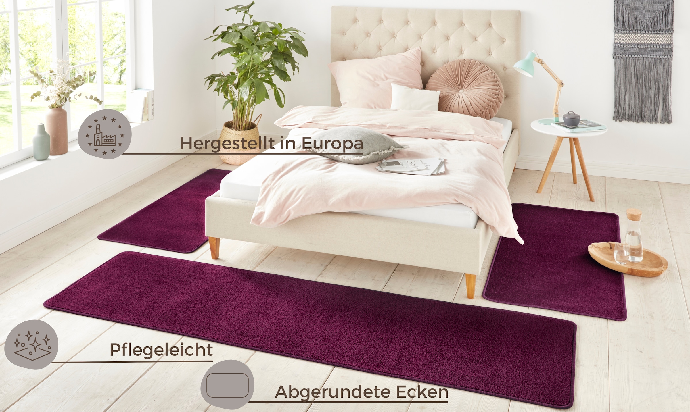 HANSE Home Bordure de lit »Shashi« Höhe 8 mm 3 cuis tlg. Kurzflor, Unifarben, Teppich, Bettläufer, Bettvorleger, Teppichläufer