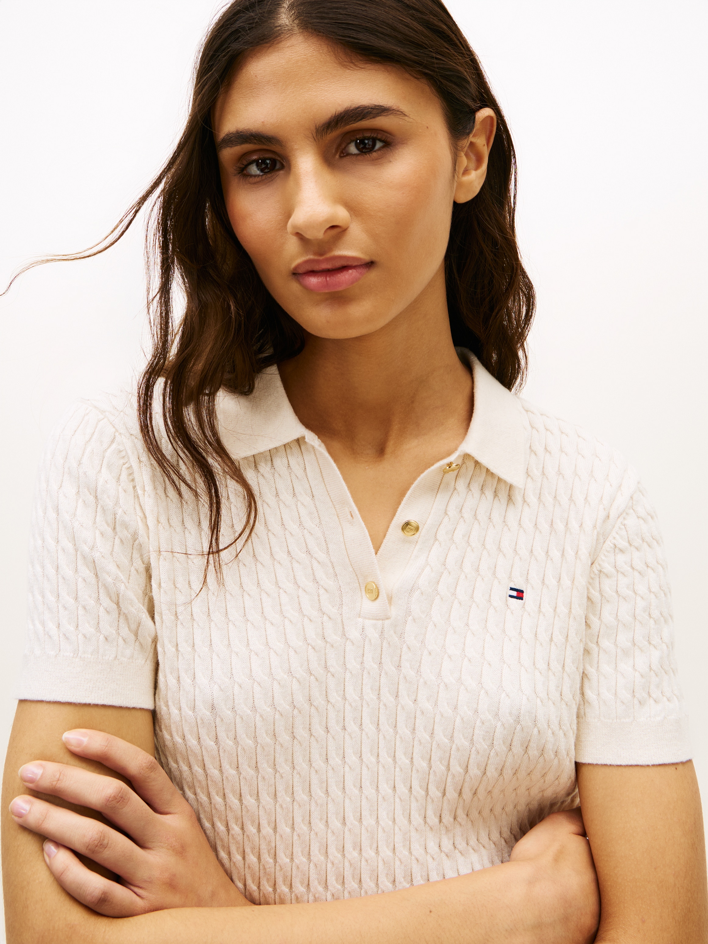 Tommy Hilfiger Polo »CO CABLE POLO-NK SS SWEATER« mit Zopfmuster, Regular Fit