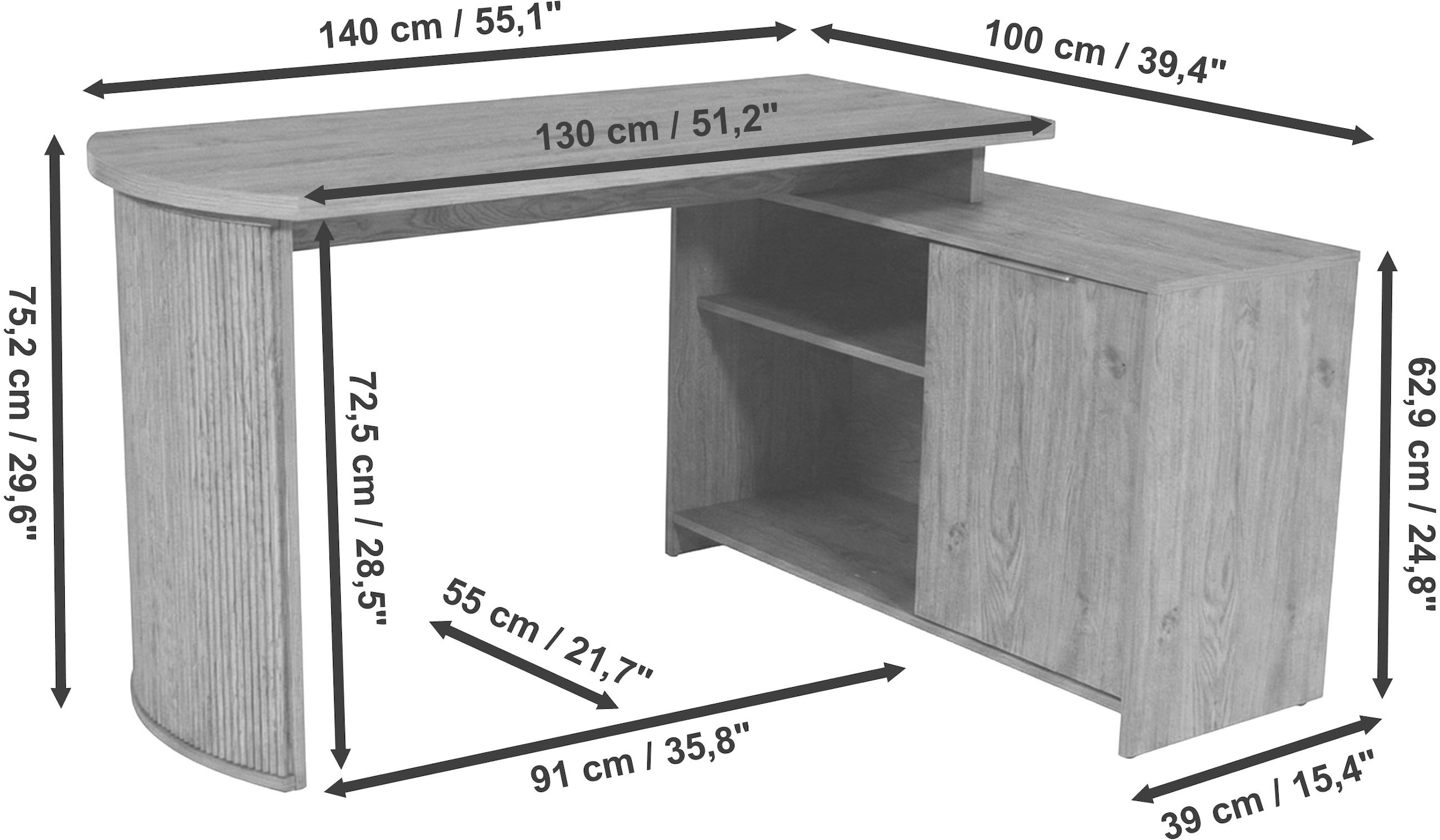 Jahnke Bureau d'angle »MOON C 14 E« Bureau d'angle, montage réversible, 2 compartiments, largeur : 140 cm