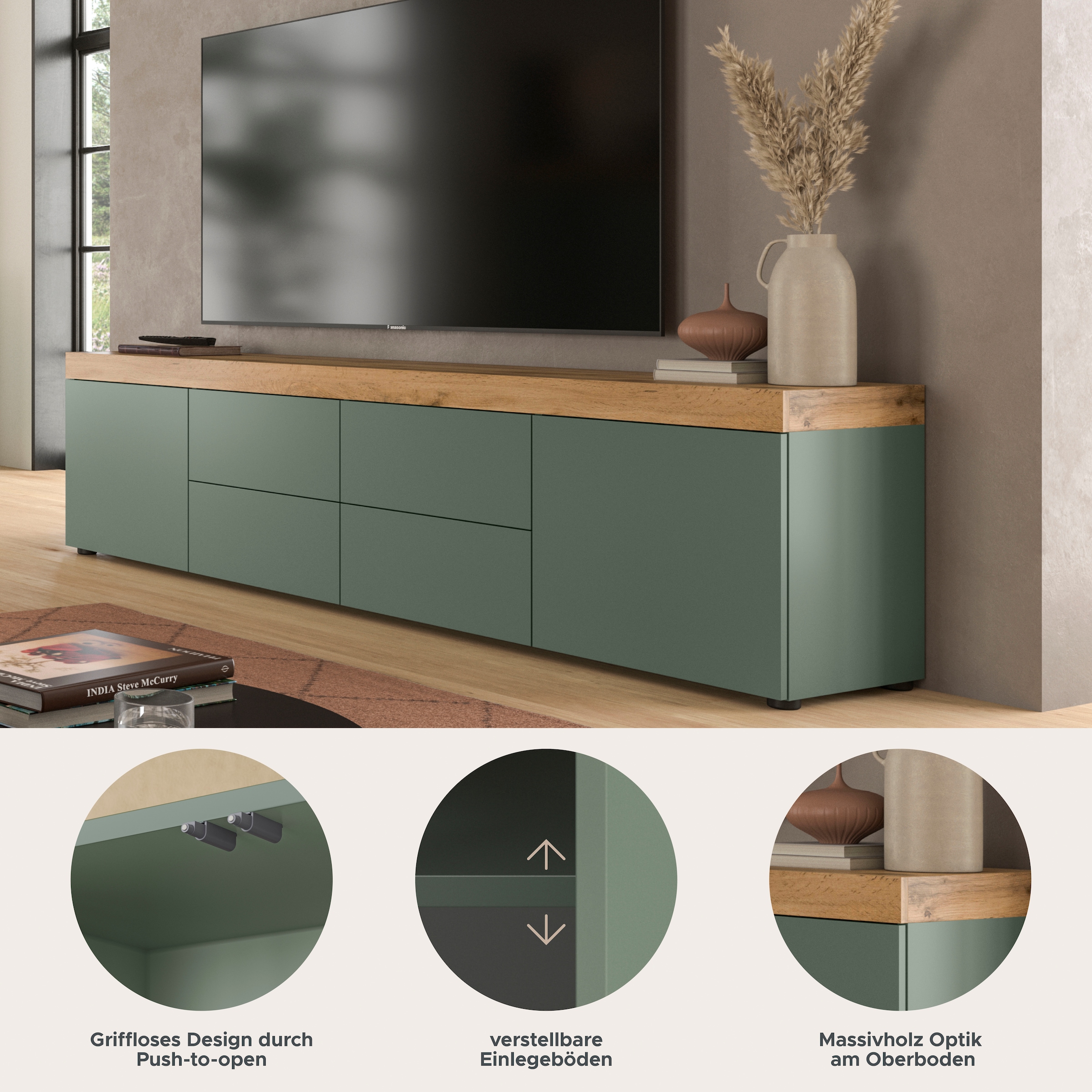 GOODproduct Table basse »MAMBO, TOPSELLER!, Breite 200 cm, 2 Türen, 4 Schubkästen, 4 Fächer« 1 cuis tlg. Lowboard, meuble TV bas, meuble TV, salon