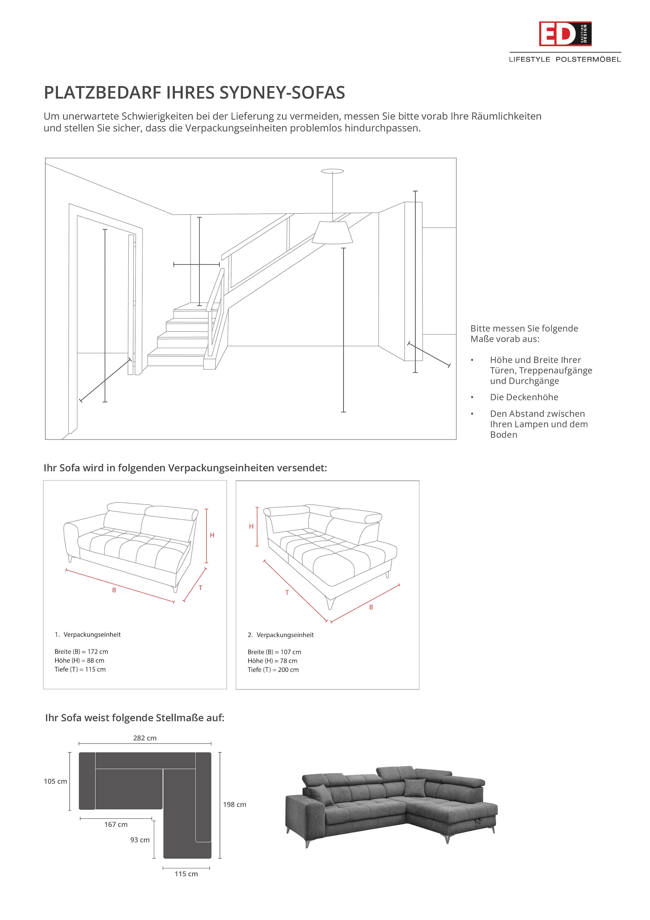 ED EXCITING DESIGN Canapé d'angle »Sydney L-Form« motorischer Sitztiefenverstellung, USB-Port & 2 Zierkissen