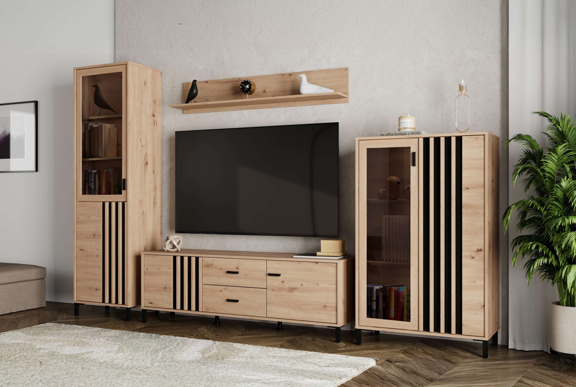 Home affaire Buffet haut »LAVAL, Hochkommode, Vitrine, Glasvitrine, Kombi-Highboard« Highboard moderne en décor Artisan avec façade en verre & effet lamelles