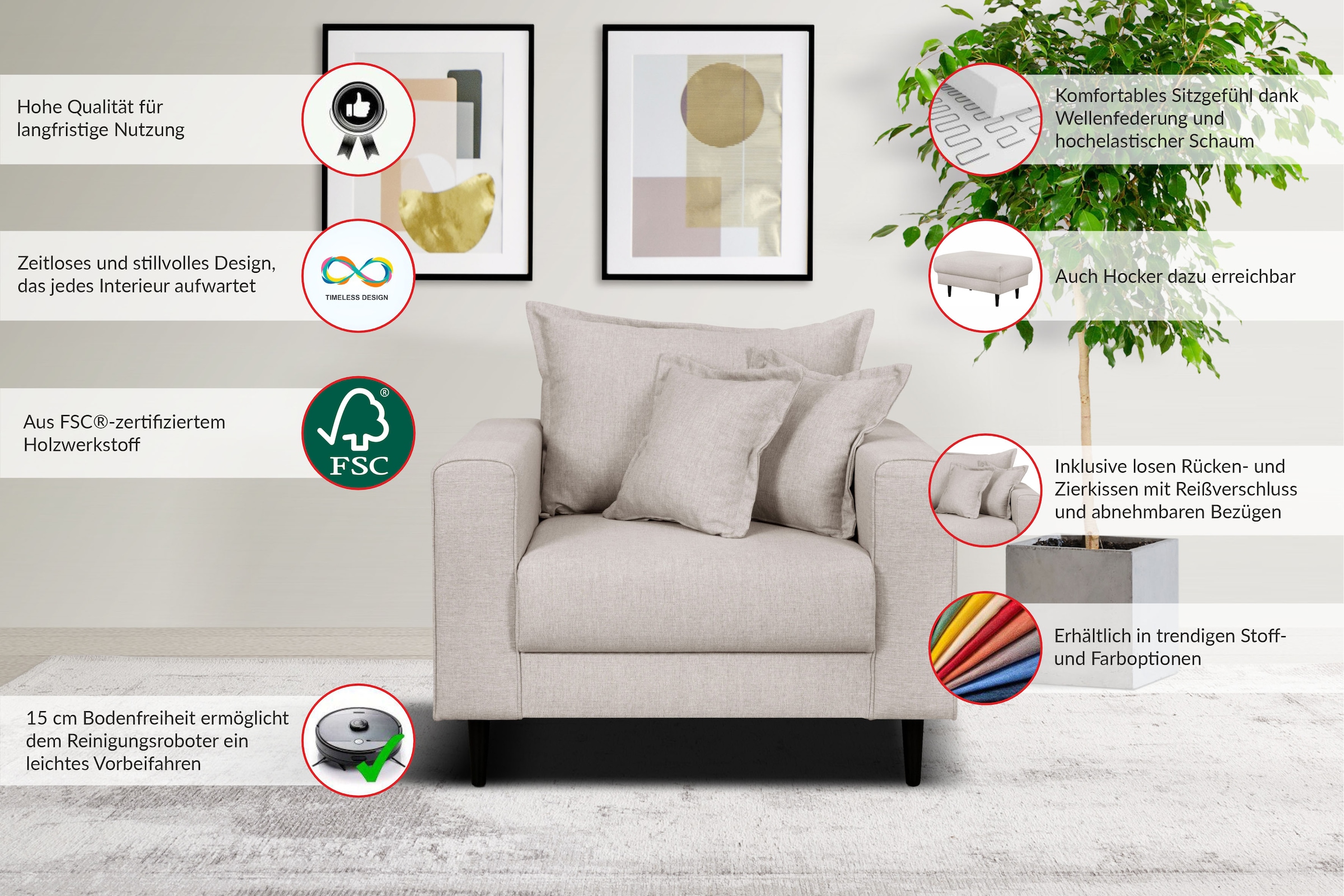 Home affaire Sessel »VEYRAS Loungesessel, Masse B/T/H: 95/84/76 cm« mit Wellenunterfederung, incl. Kissen