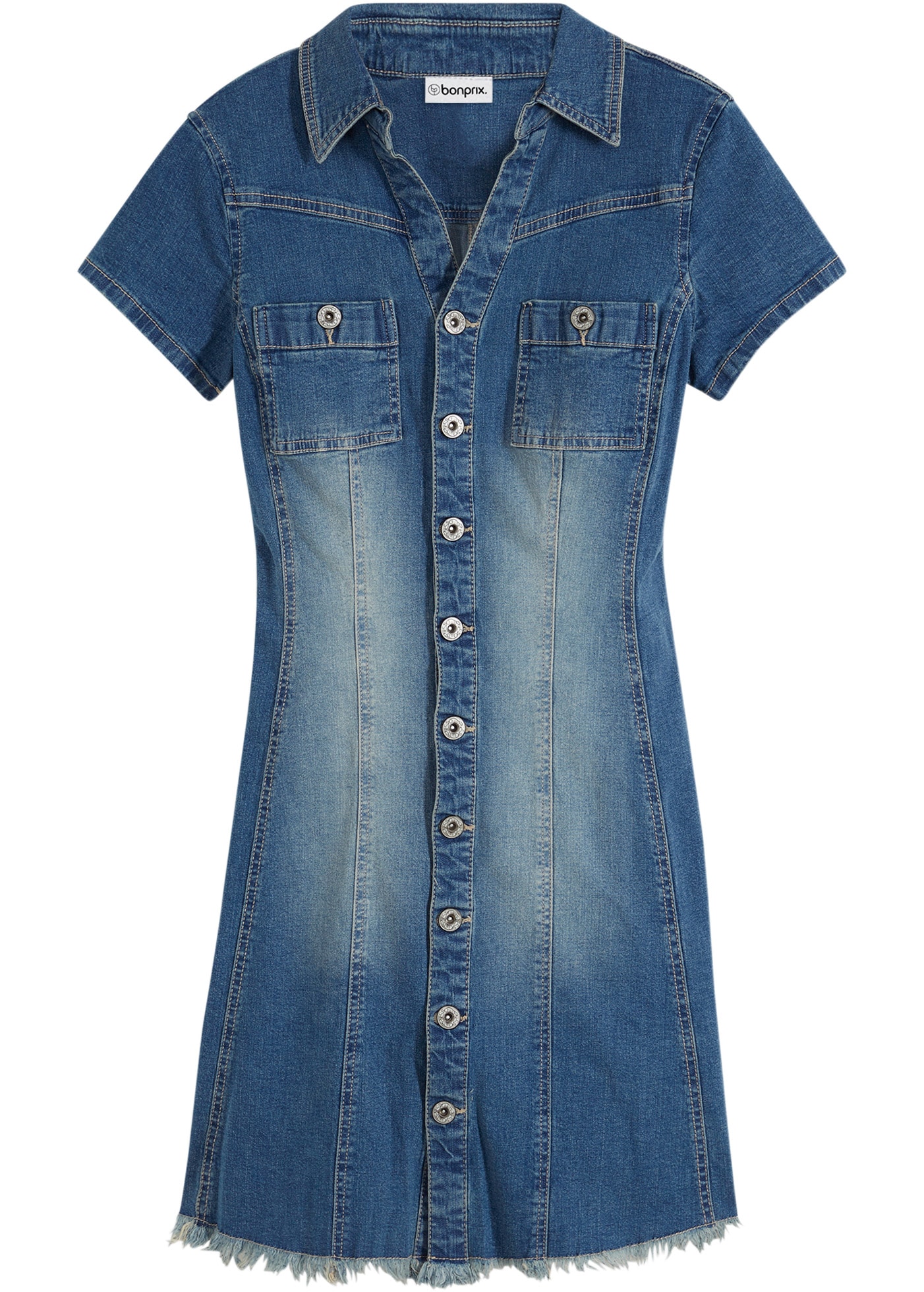 bonprix Robe en jean A-Linien-Schnitt, kurzer Arm, tailliertes Design, mit Brusttaschen