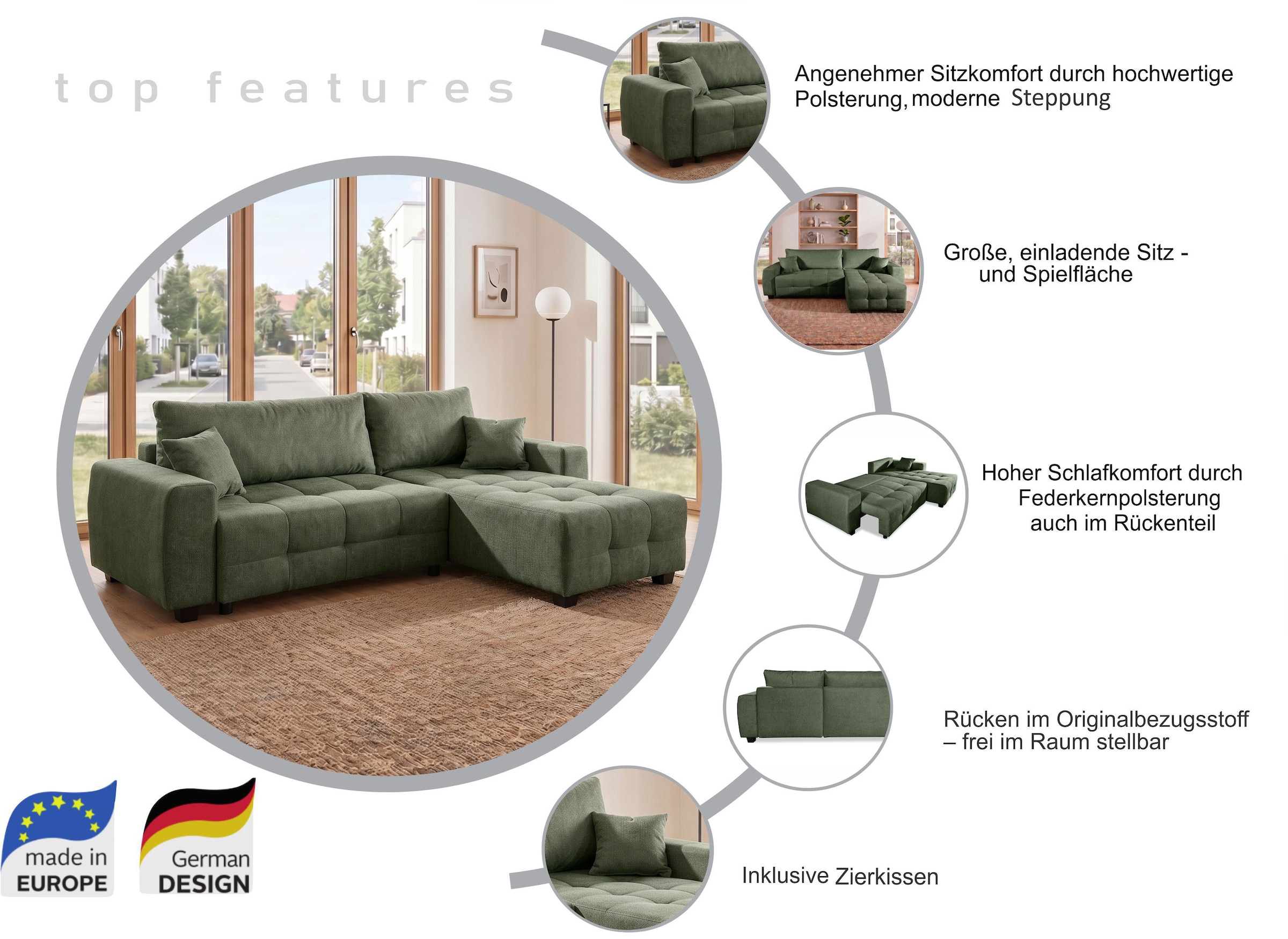 COLLECTION AB Canapé d'angle Ecksofa,Schlaffunktion,Bonnelfederkern,Rückenkissen