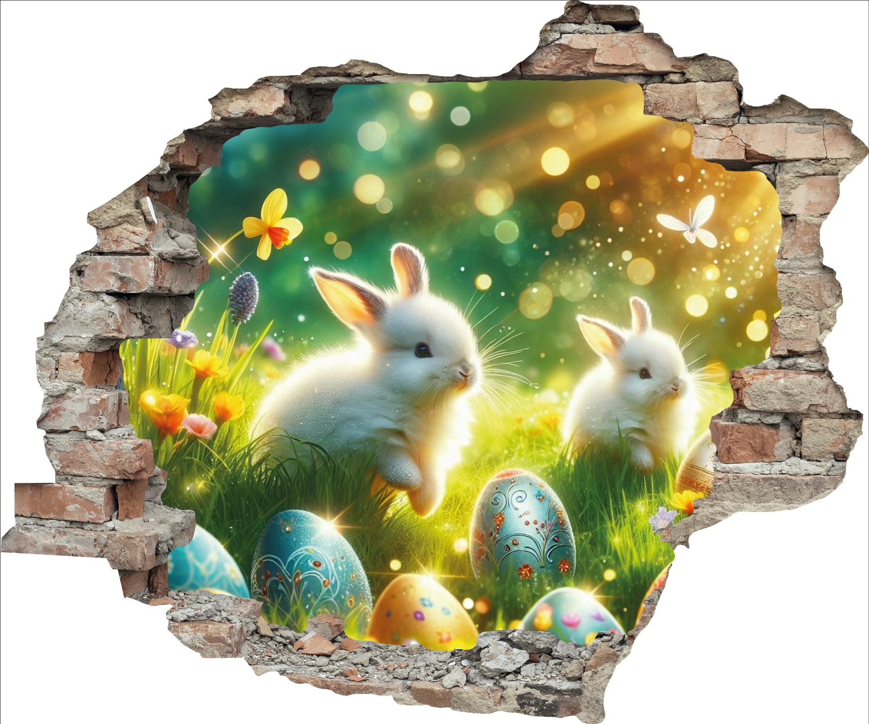 queence tatouage mural 3D »Illustrierte Osterhasen auf Wiese« sticker mural autocollant Pâques percée mur 60x50cm