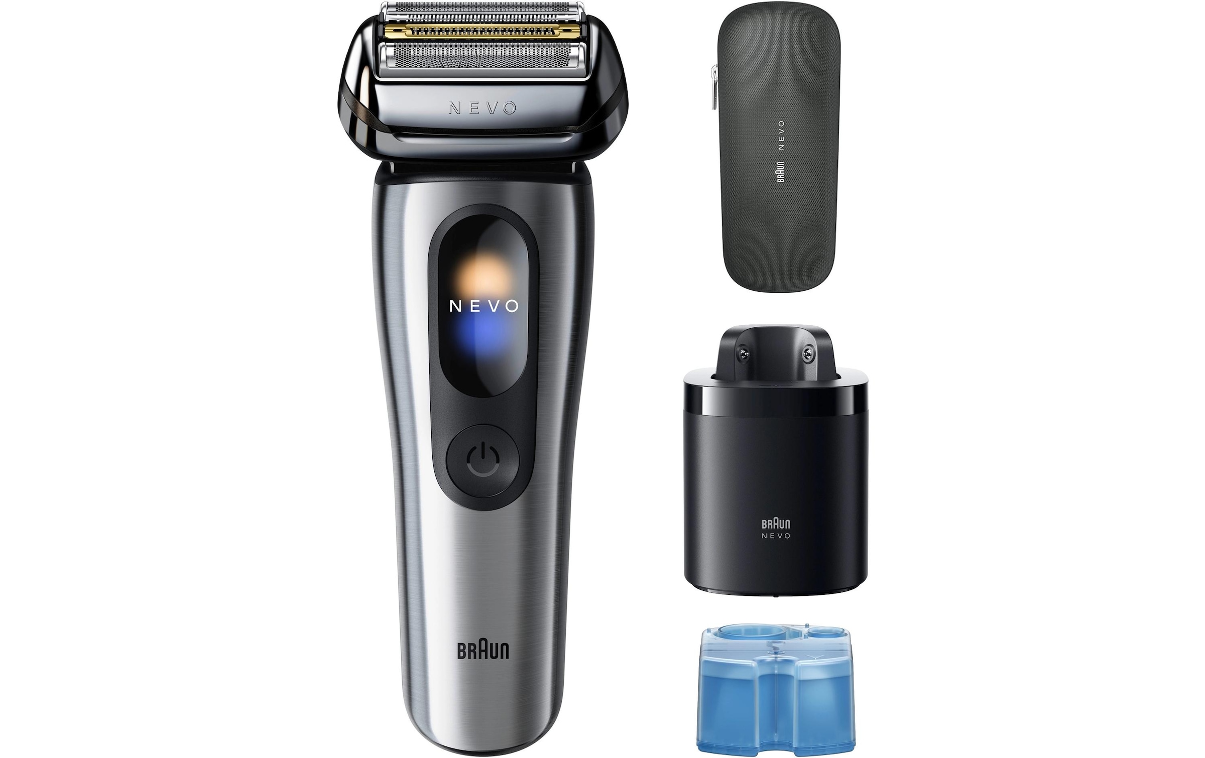 Braun »NEVO 11000cc« station de nettoyage SmartClean Plus Tondeuse de précision intégrée AeroTouch, écran intelligent, système de soin 7-en-1, étui de voyage, argent