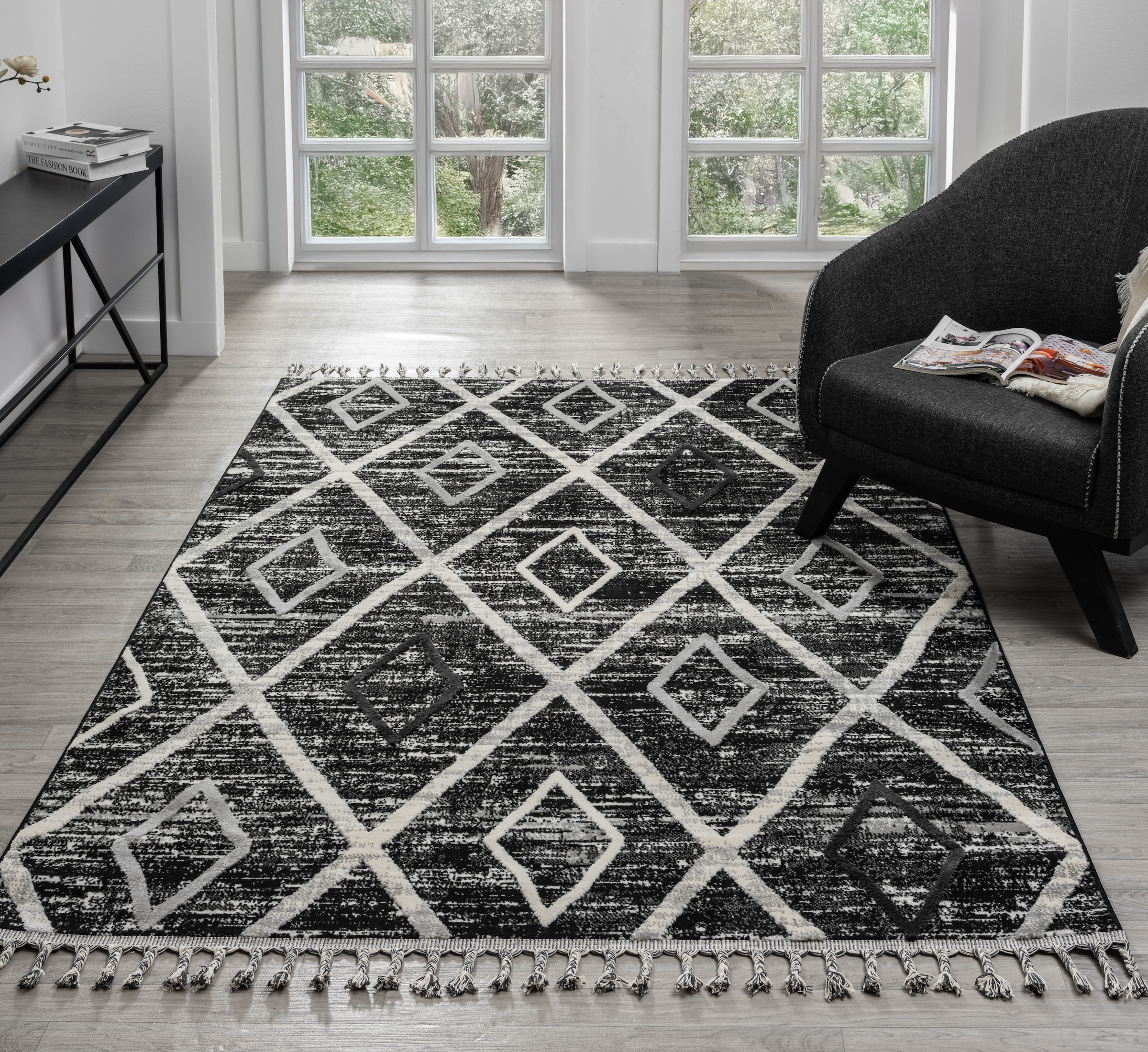 my home Tapis »Otilie« Rectangulaire 11 mm Höhe dichte Qualität, Woll-Look, Boho, mit Fransen und Rauten, Scandi