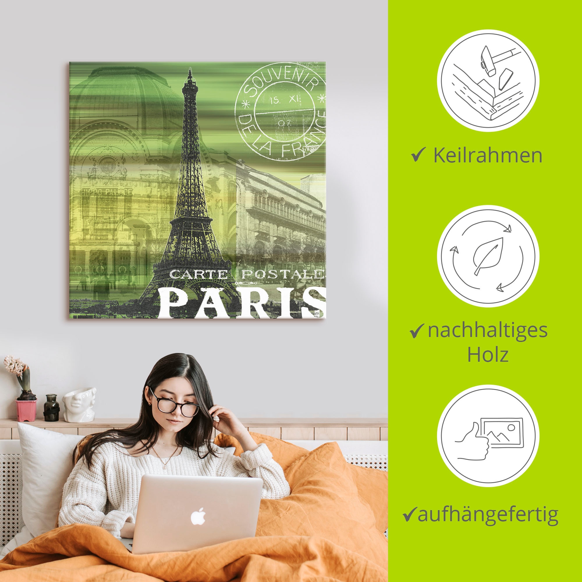 Artland Leinwandbild »Paris Collage - grün« Gebäude 1 Stk. tlg. auf Holzrahmen gespannt