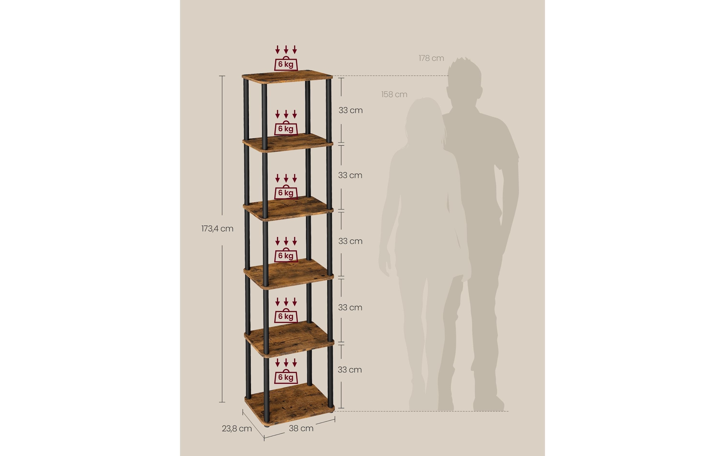 VASAGLE Étagère »38 x 23,8 x 173 cm« Vielseitiges Standregal mit sechs Ebenen im Industriedesign