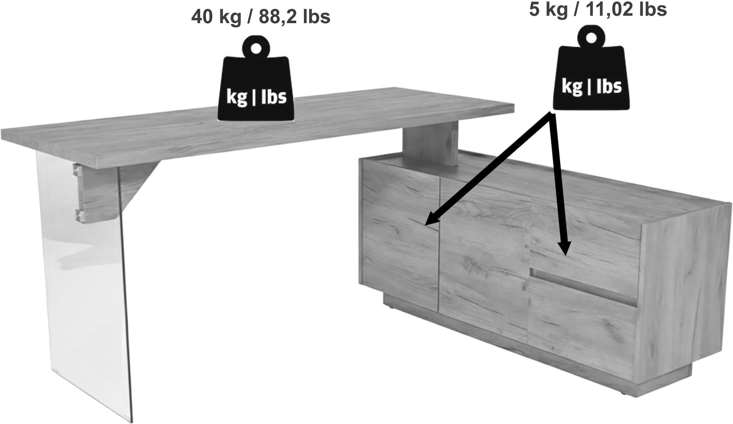 Jahnke Bureau d'angle »LUX C 160 E« bureau d'angle, montable des deux côtés, verre, 2 compartiments + 2 tiroirs