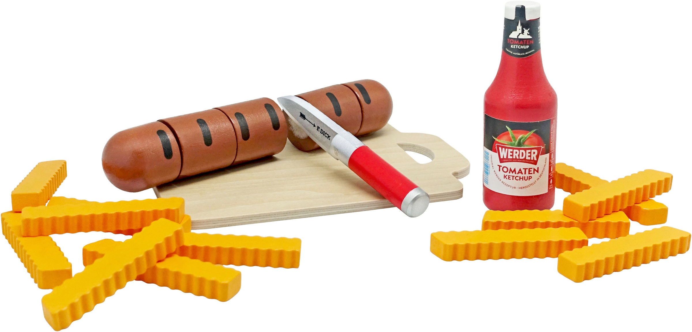 Tanner Spiellebensmittel »Bratwurst zum Schneiden mit Pommes und Werder Ketchup« aus Holz, FSC® - schützt Wald