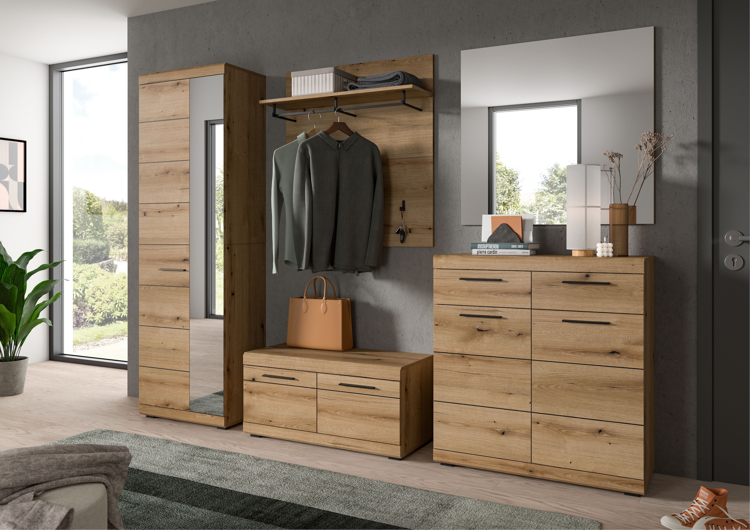 INOSIGN Ensemble de vestiaires »SIENA, Breite 272 cm, 5-teiliges Set, individuell stellbar« Komplett-Set, best.aus: Garderobenschrank, Sitzbank, Paneel, Schuhschrank & Spiegel, 5 cuis tlg.
