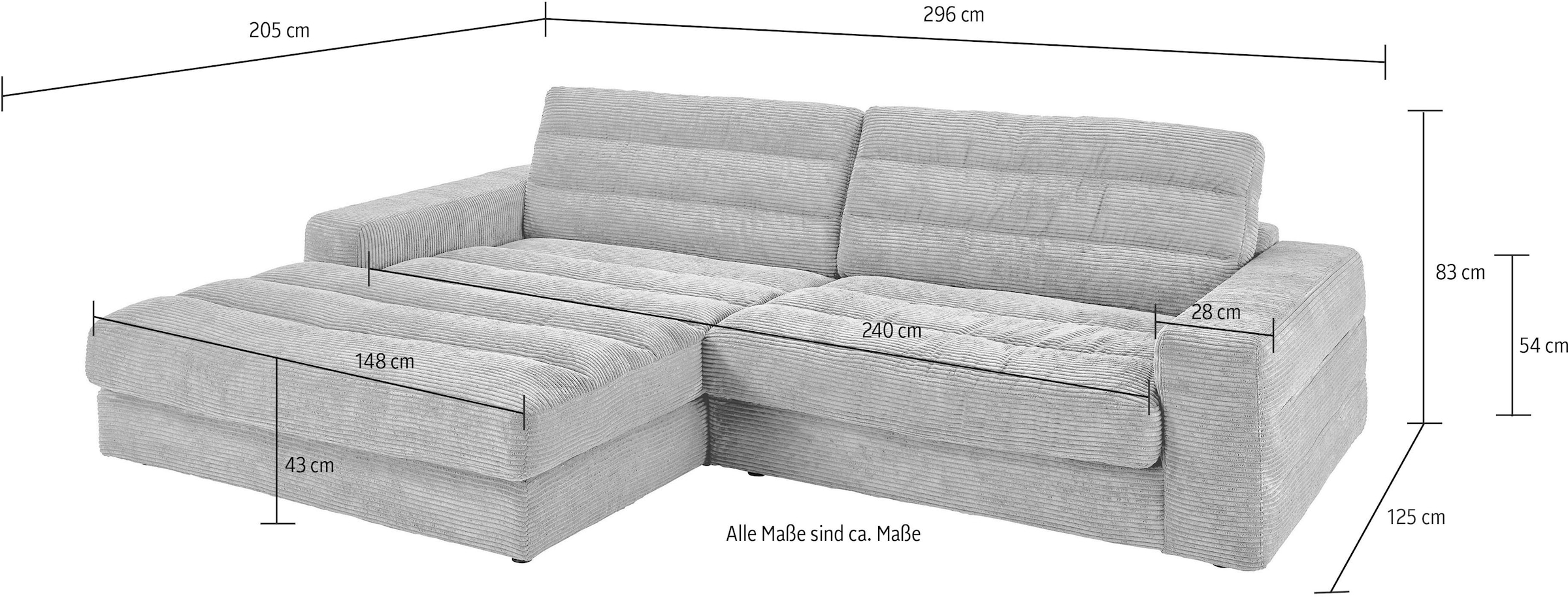 3C Candy Ecksofa »Stripes Mega-Sofa, bequem und komfortabel, L-Form« Lose Rückenkissen, mit feiner Quersteppung, Cord-Bezug