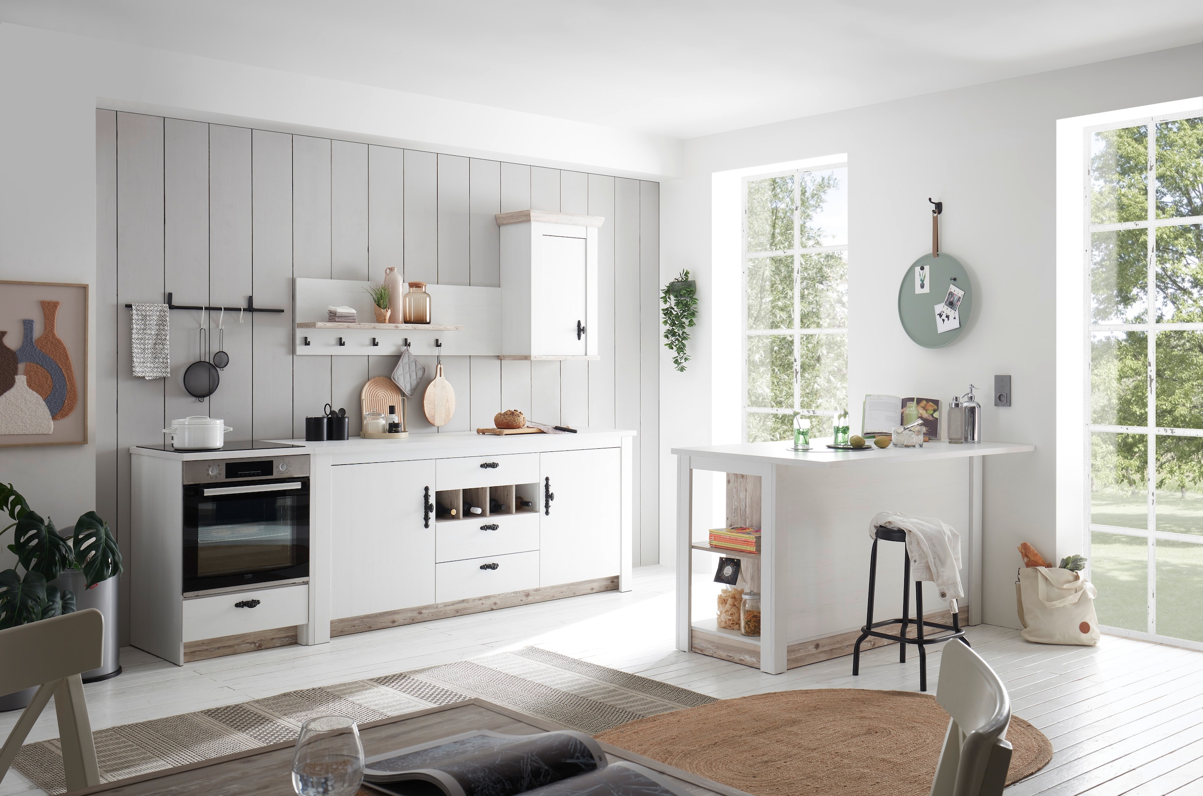 Home affaire Küchenzeile »Florenz, Küche in Pinie Weiss, mit Herdumbau, ohne E-Geräte« Set,  Breite 364 cm, mit verschnörkelten Metallgriffen, Arbeitshöhe 92 cm