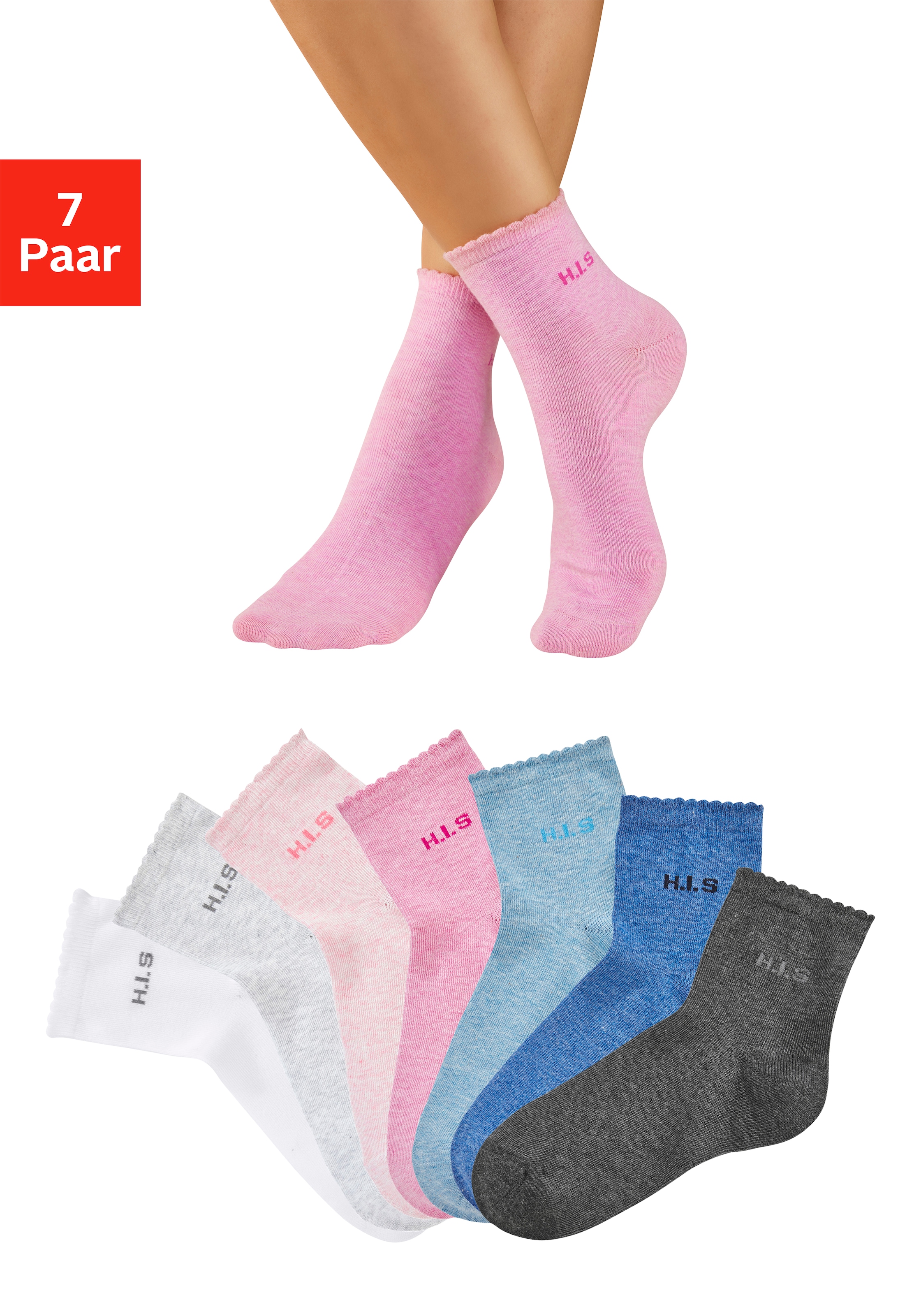 H.I.S Chaussettes courtes »Damen uni und meliert für die ganze Woche« Paquet, 7 Couple tlg. avec un bord-côte ondulé