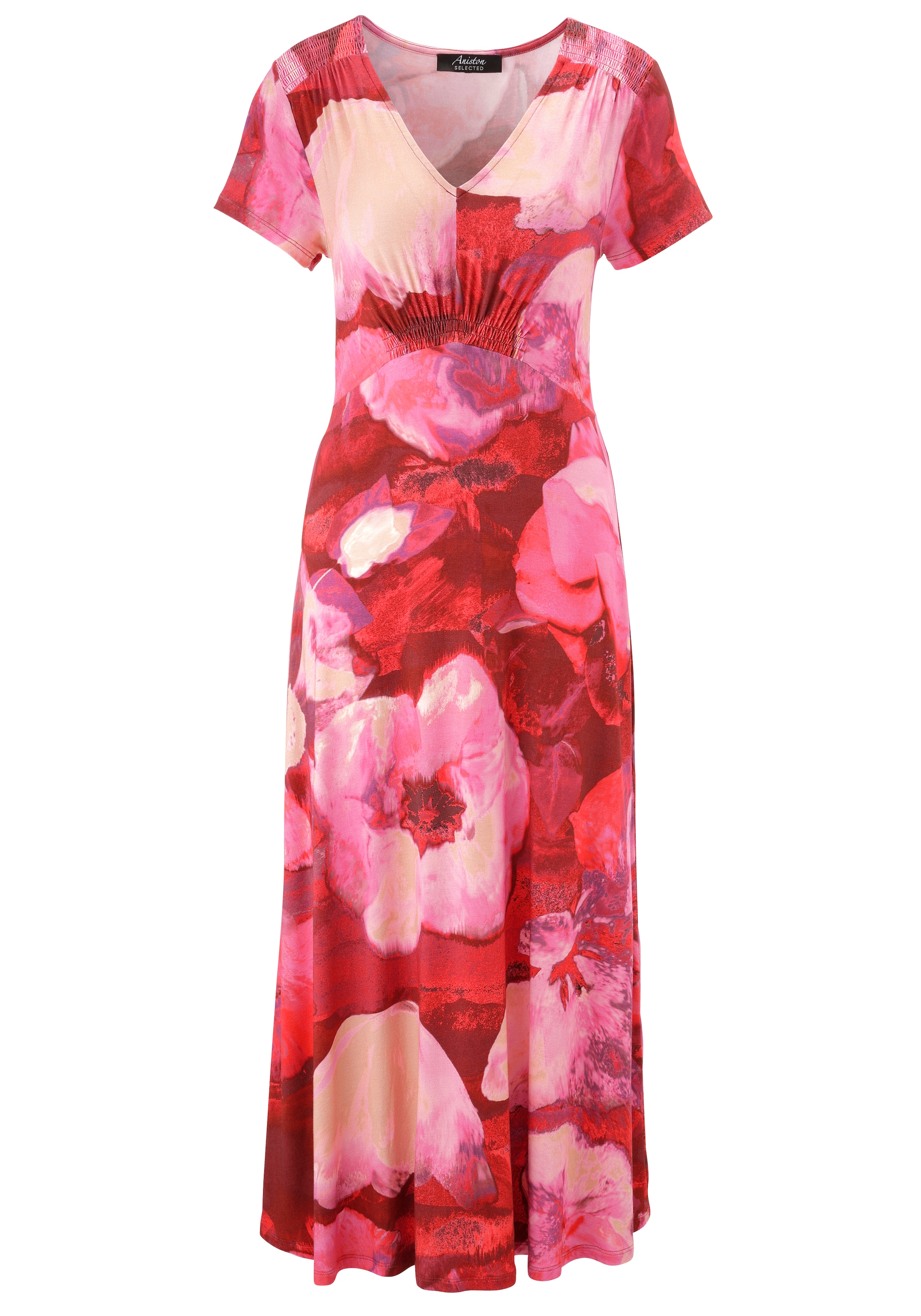 Aniston SELECTED Robe midi mit Smok-Details und fantasievollem Blütendruck - NEUE KOLLEKTION