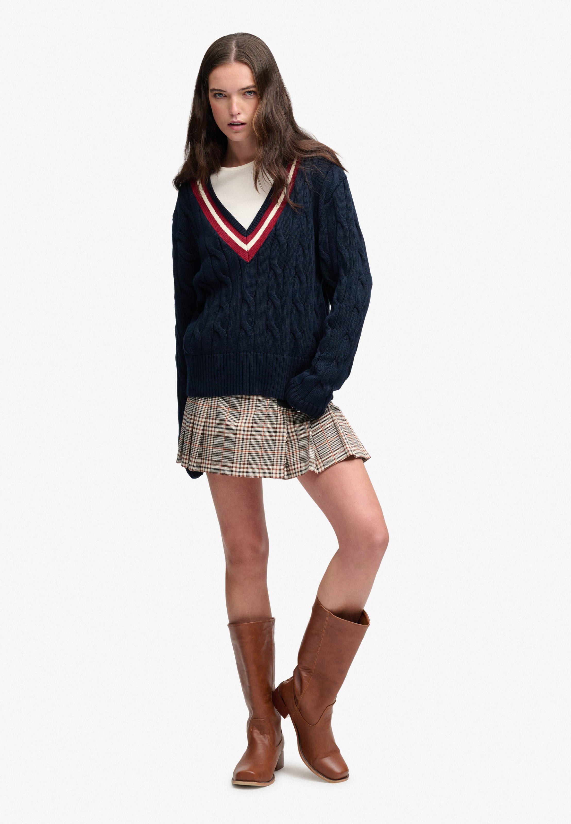 Superdry V-Ausschnitt-Pullover »CLASSIC CABLE CRICKET KNIT« Baumwolle, loose fit
