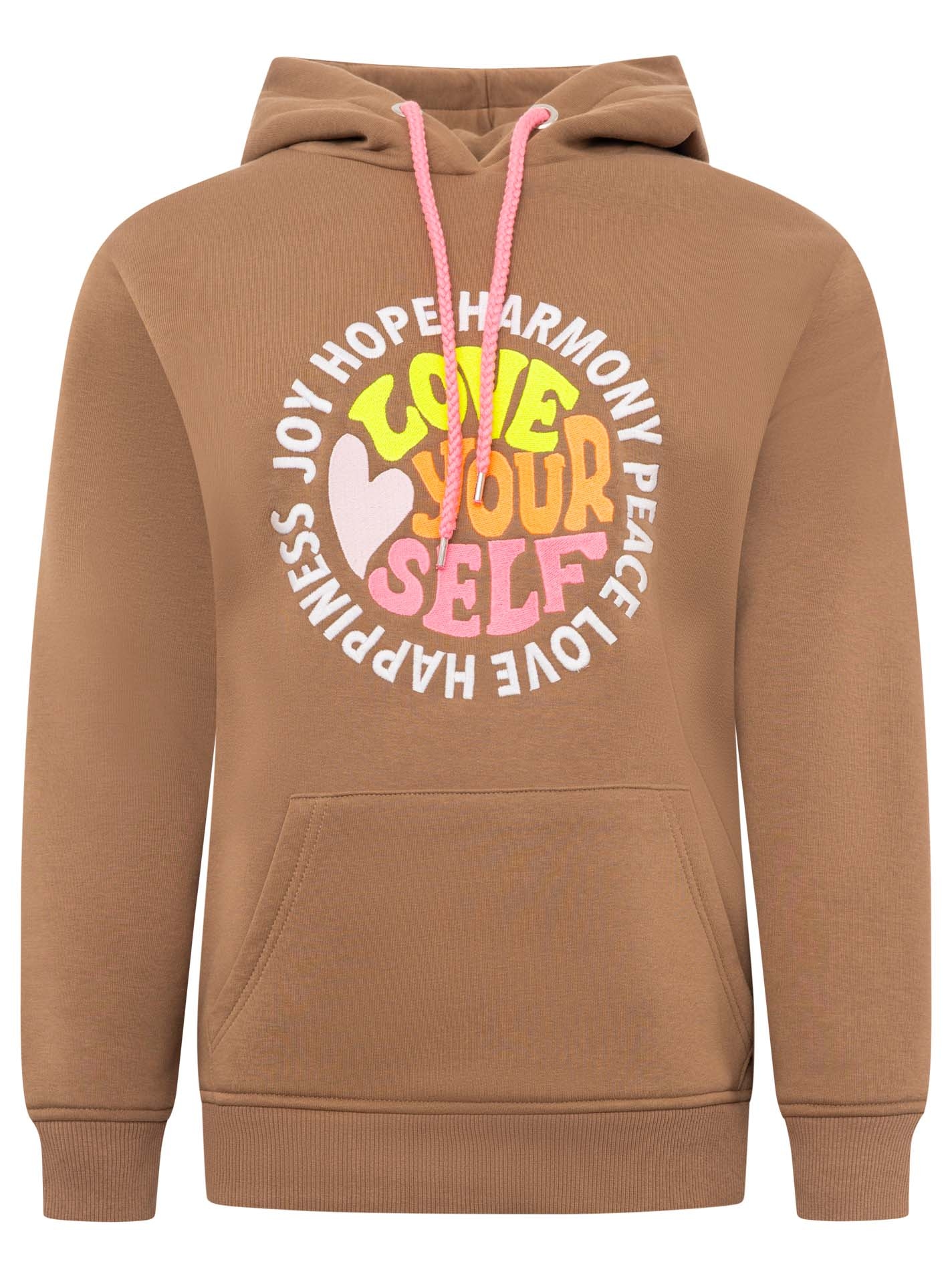 Zwillingsherz Hoodie »"Love Yourslef"«, runde grosse Frontstickerei, farbige Kordel, Kängurutasche
