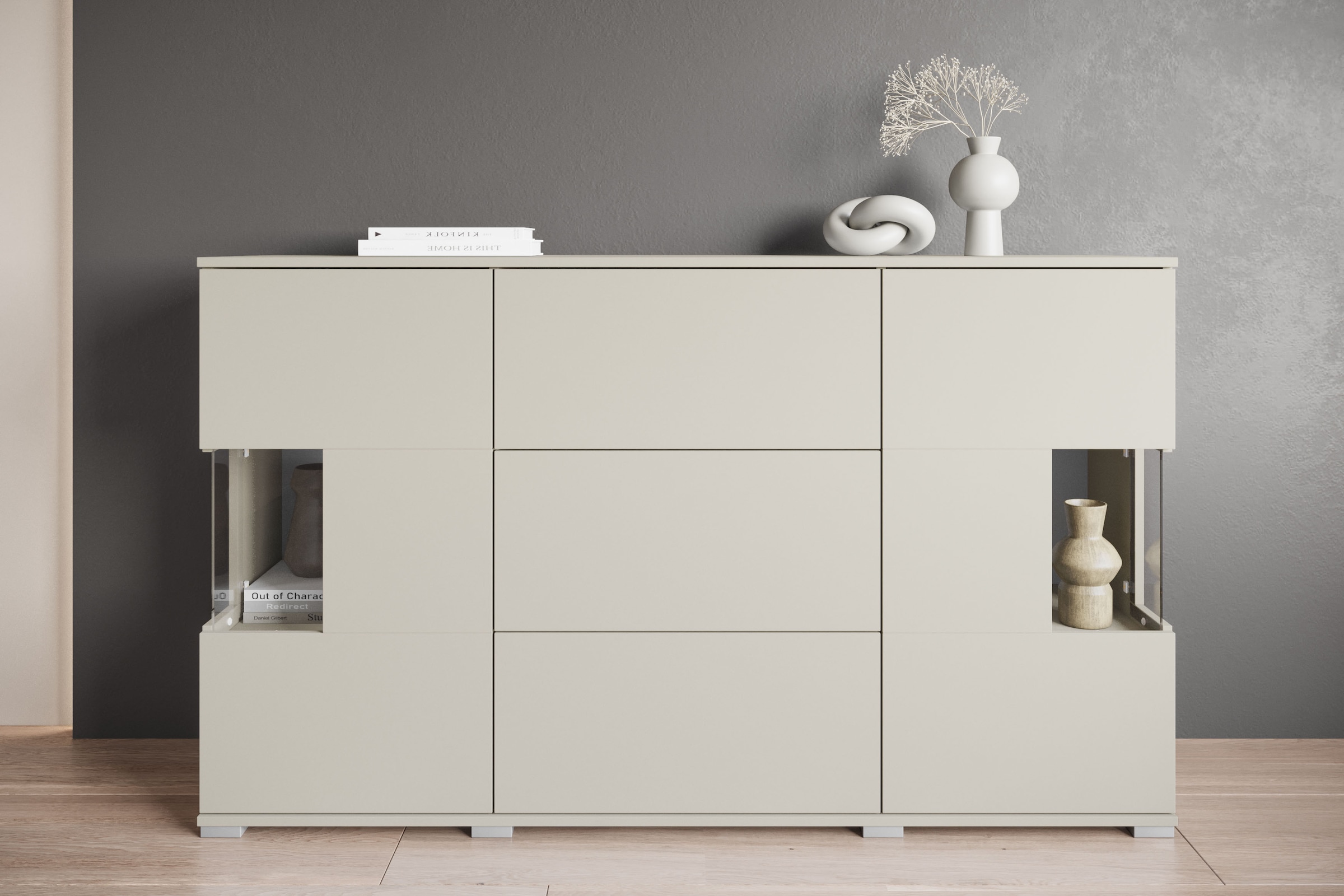 GOODproduct Buffet »Kenia« 1 cuis tlg. Buffet avec 3 tiroirs, 6 compartiments, portes en verre, largeur 150 cm