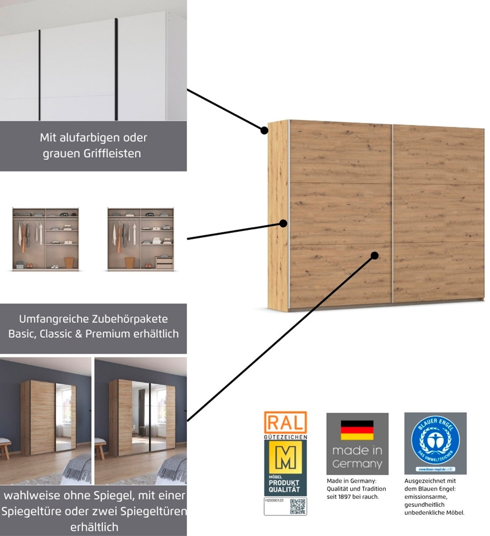 rauch Schwebetürenschrank »Kleiderschrank Drehtürenschrank Schrank Garderobe KRONACH« in 3 Ausstattungen BASIC/CLASSIC/PREMIUM, Breiten 131/175/218/261 cm,  optional ohne, mit 1 oder 2 Spiegel, viel Stauraum MADE IN GERMANY