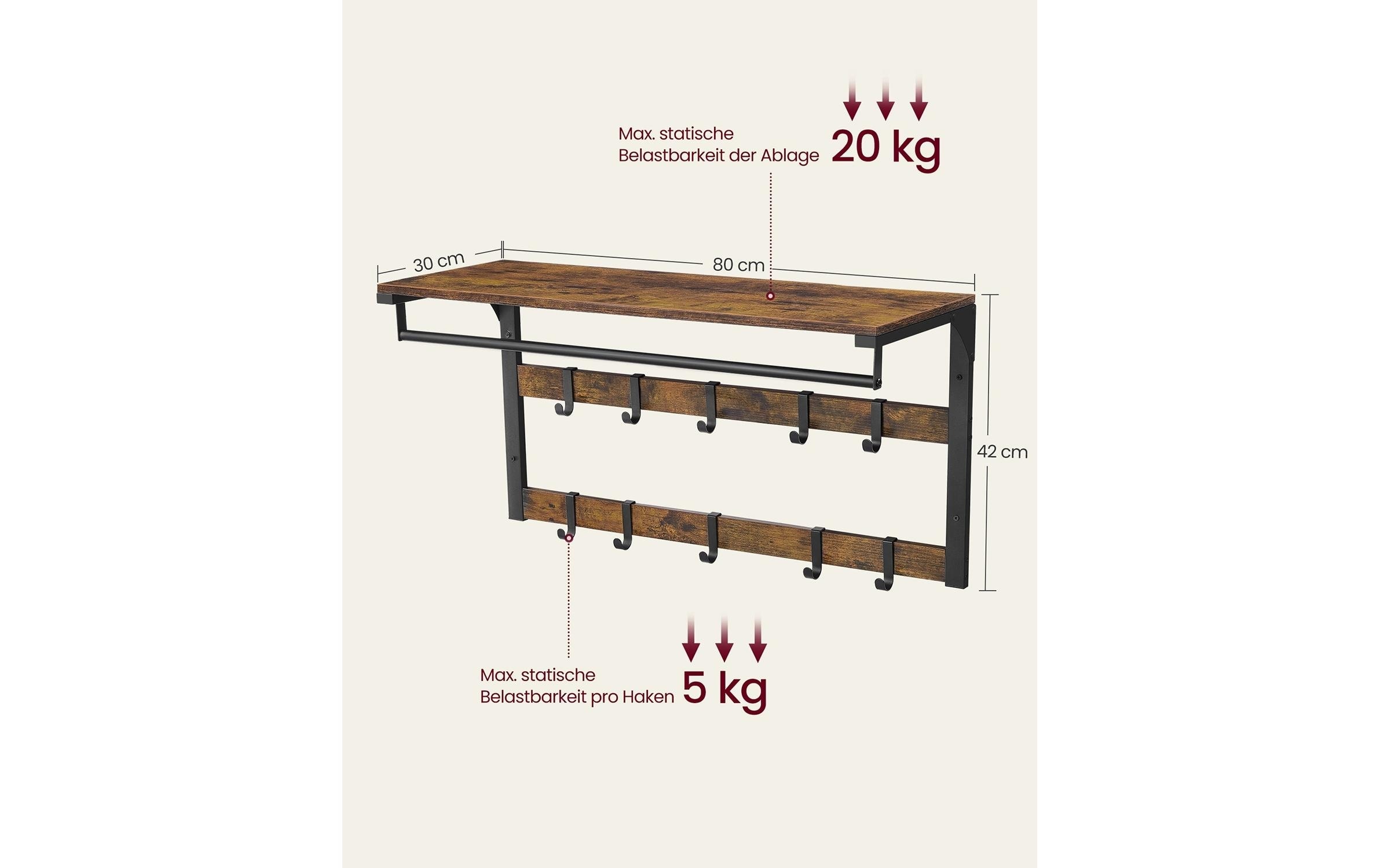 VASAGLE Porte-manteau mural »im Industriestil mit Ablage 80 x 30 x 45 cm« Wandregal mit Kleiderstange und 10 Haken
