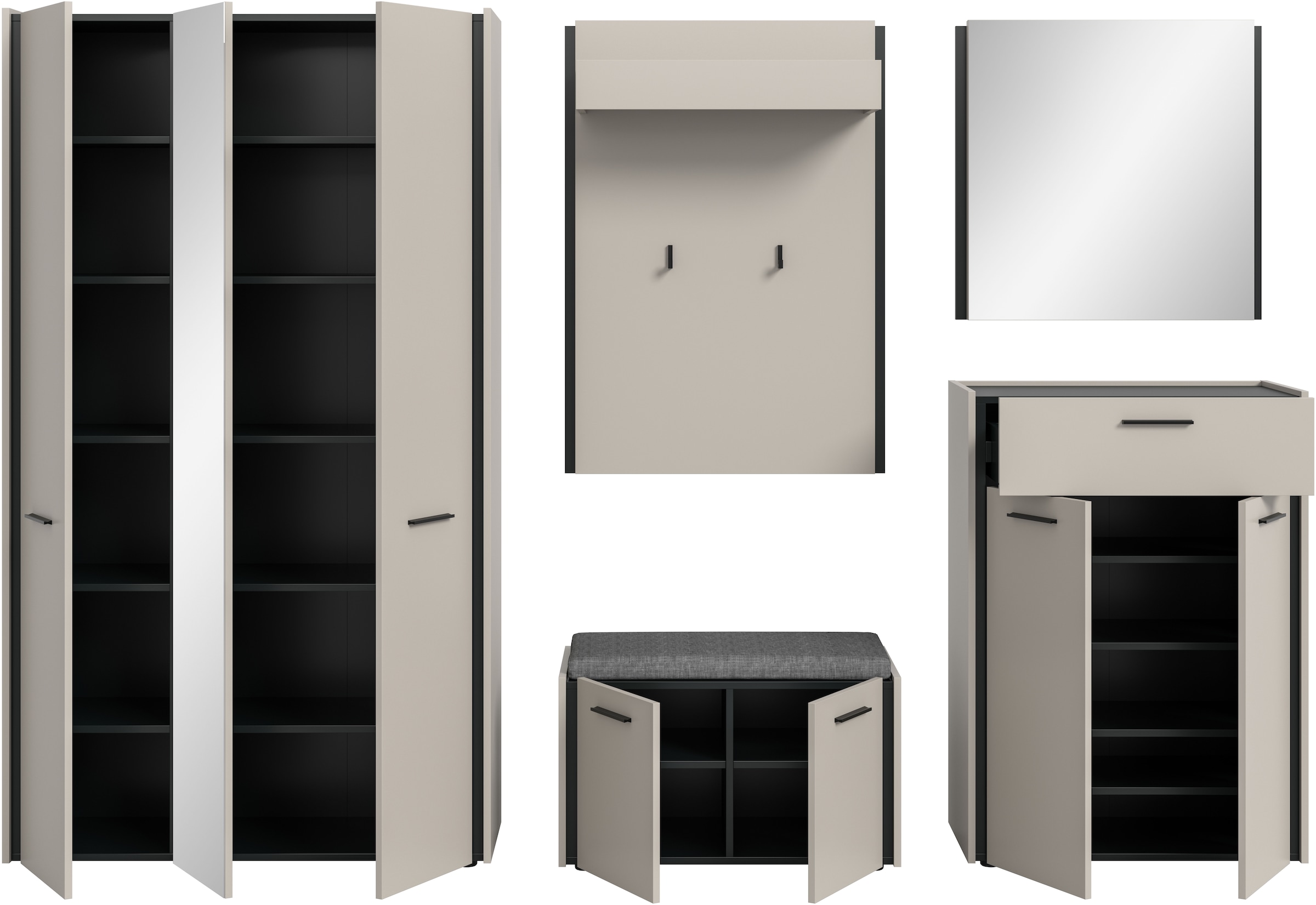 Home affaire Ensemble de vestiaires »RAK, 6-teilige Garderoben-Kombi inkl. Sitzkissen, Breite ca. 287 cm« Garderobenschrank, Sitzbank, Garderobenpaneel, Schuhkommode, Spiegel, 6 cuis tlg.