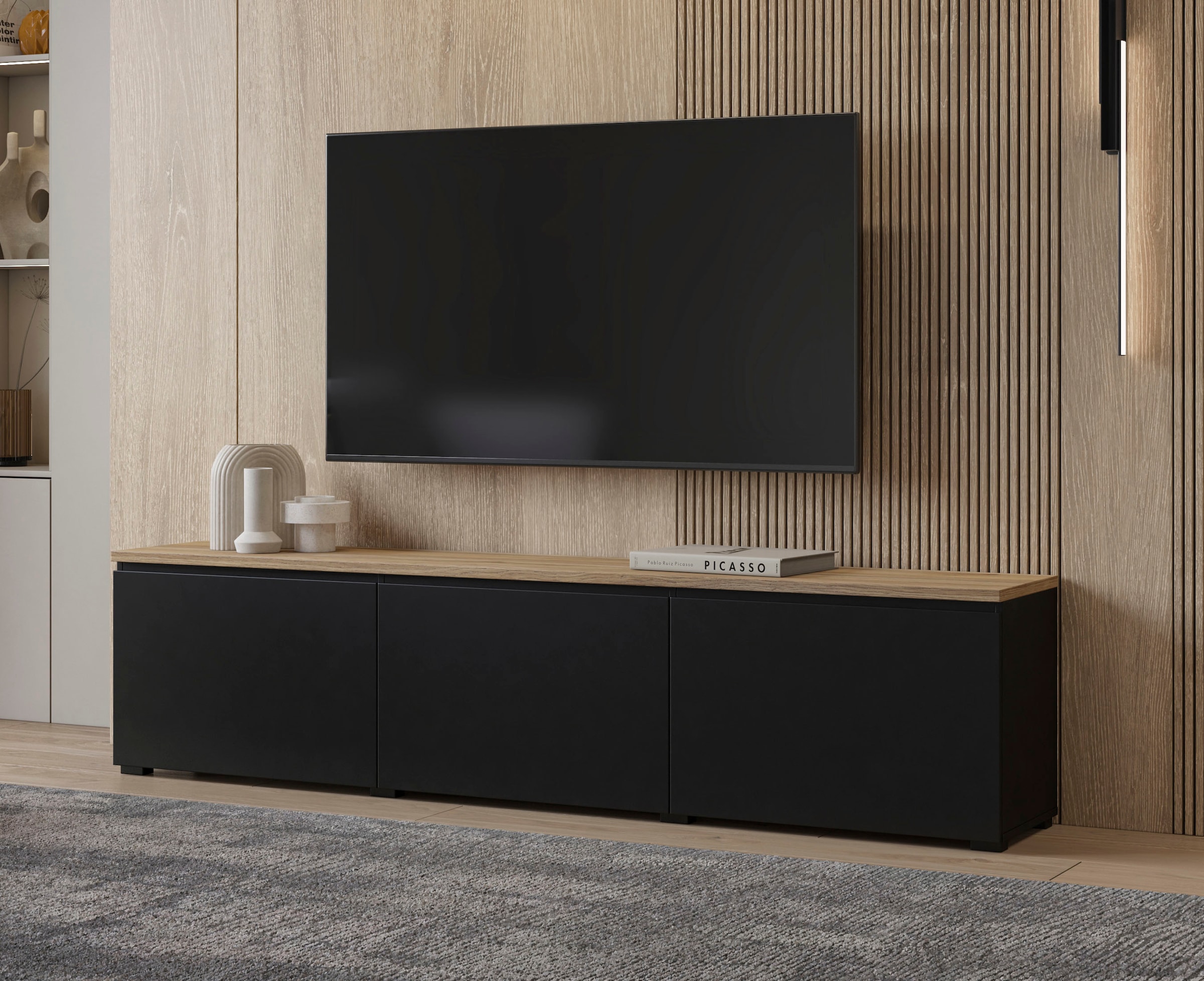 GOODproduct Lowboard »Modo, Breite 200 cm, moderne grifflose TV-Kommode 3 Klappen« TV-Kommode mit viel Stauraum, TV-Bank