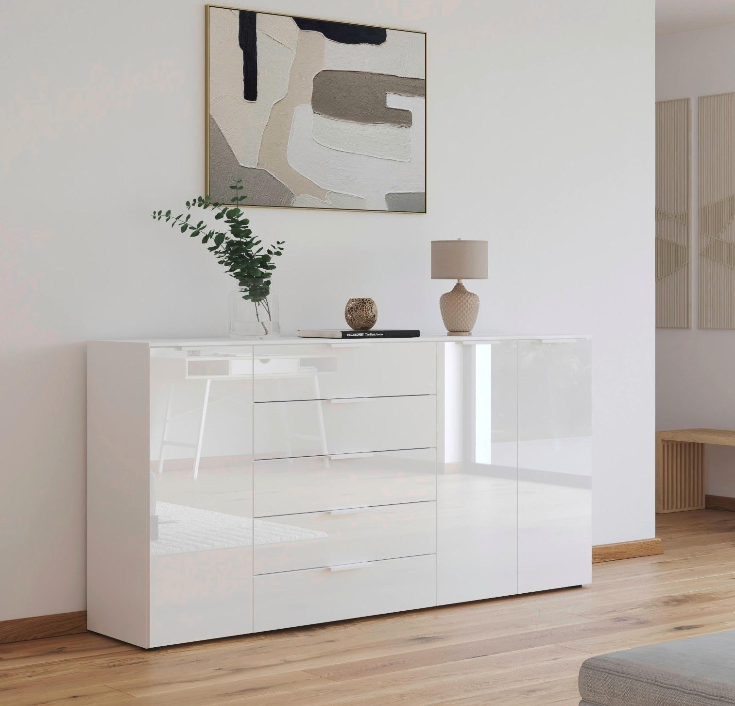 rauch Kombikommode »Kommode Türkommode Sideboard Kombikommode FLIPP mit Glasfront« Breite 200 cm mit 4 Einlegeböden,  3-türig mit 5 Schubladen und Soft-Close-Funktion sowie Glasfront