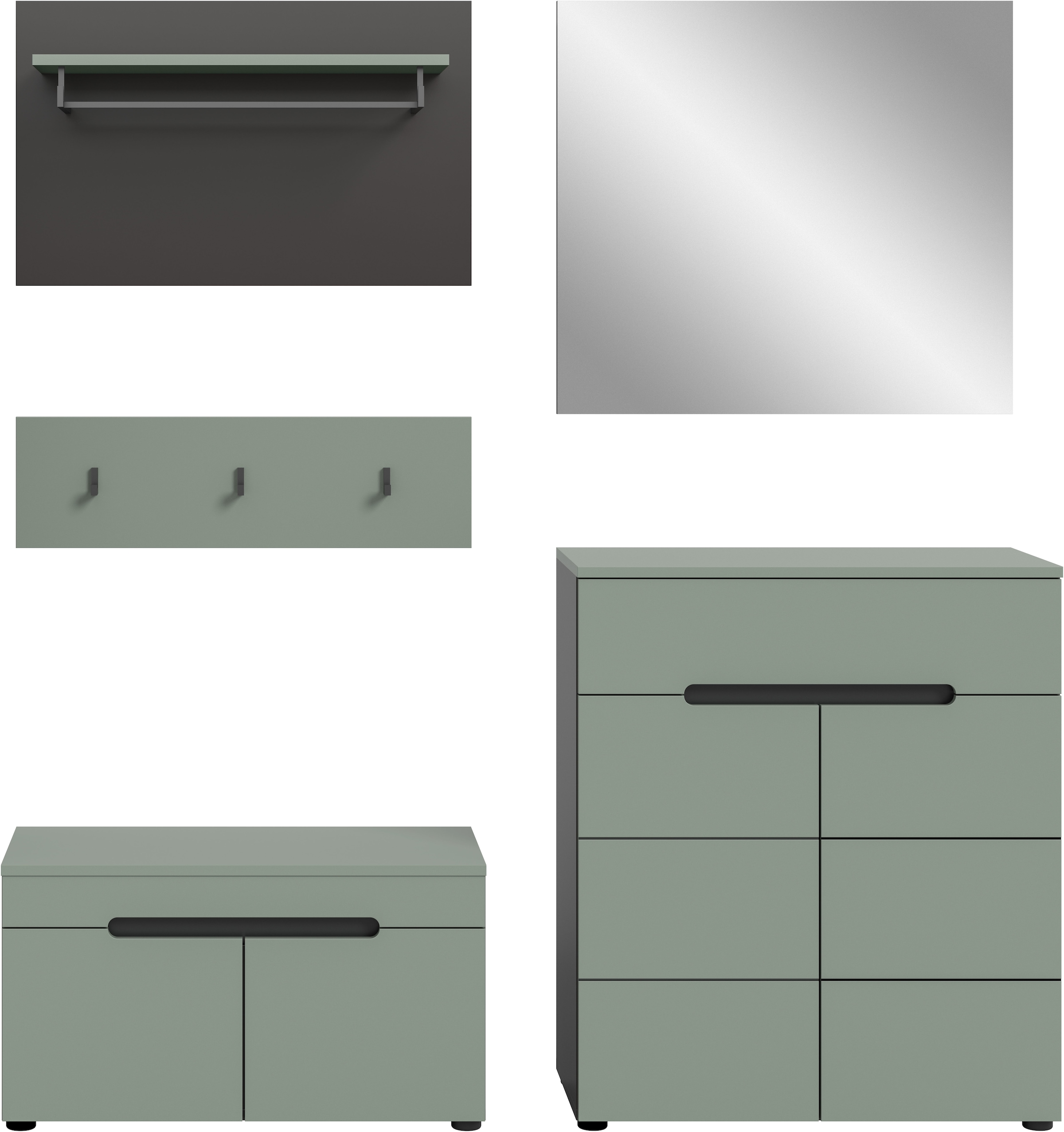 Home affaire Garderoben-Set »REHAT, TOPSELLER!, 5-teilig, Breite 175cm, individuell stellbar« bestehend aus: Sitzbank, Paneel, Hakenleiste, Spiegel, Kommode, 4 Stk. tlg.